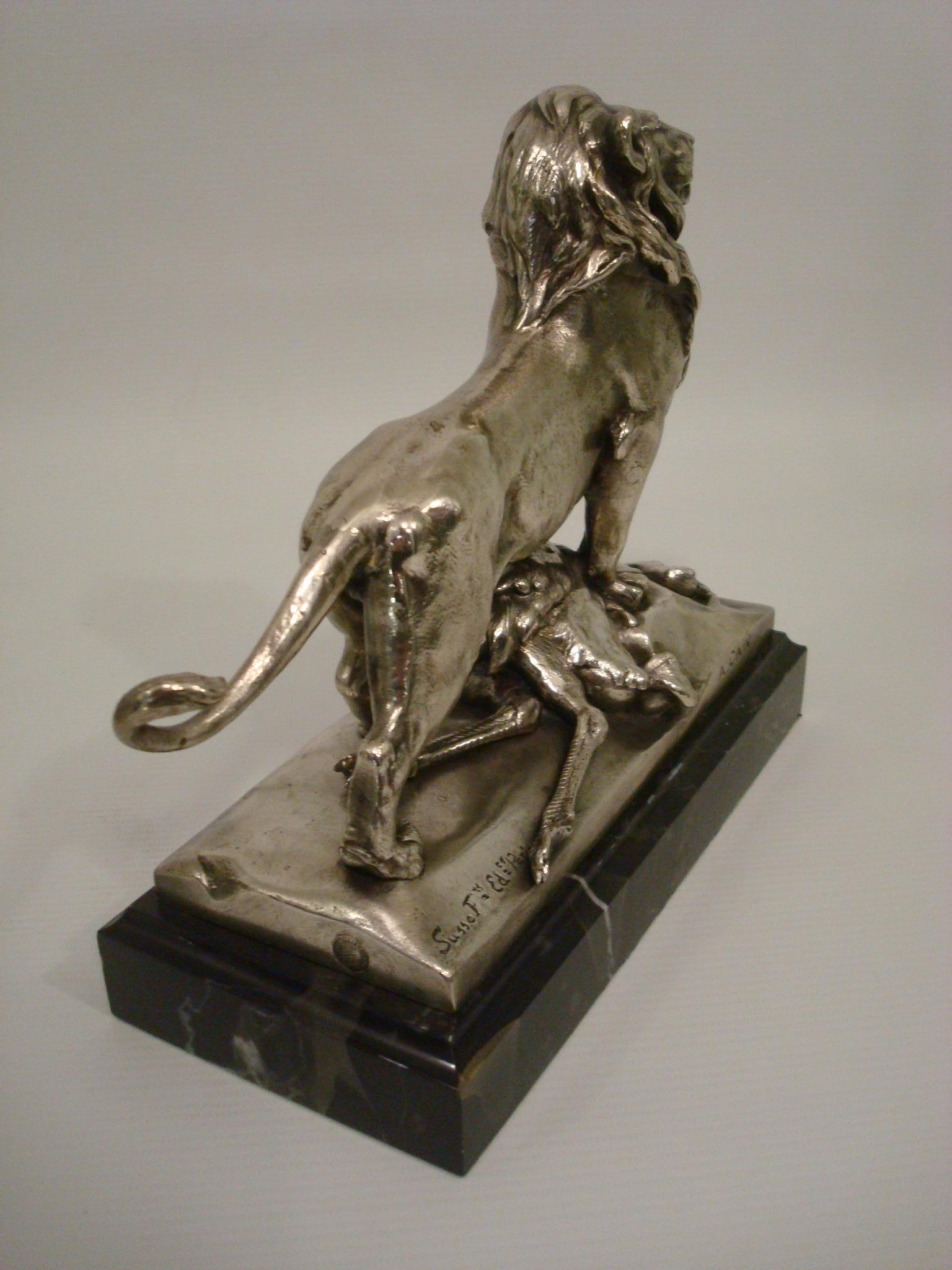 Auguste Cain Silvered Bronze Lion & Ostrich Sculpture 19th Century. For Sale 3