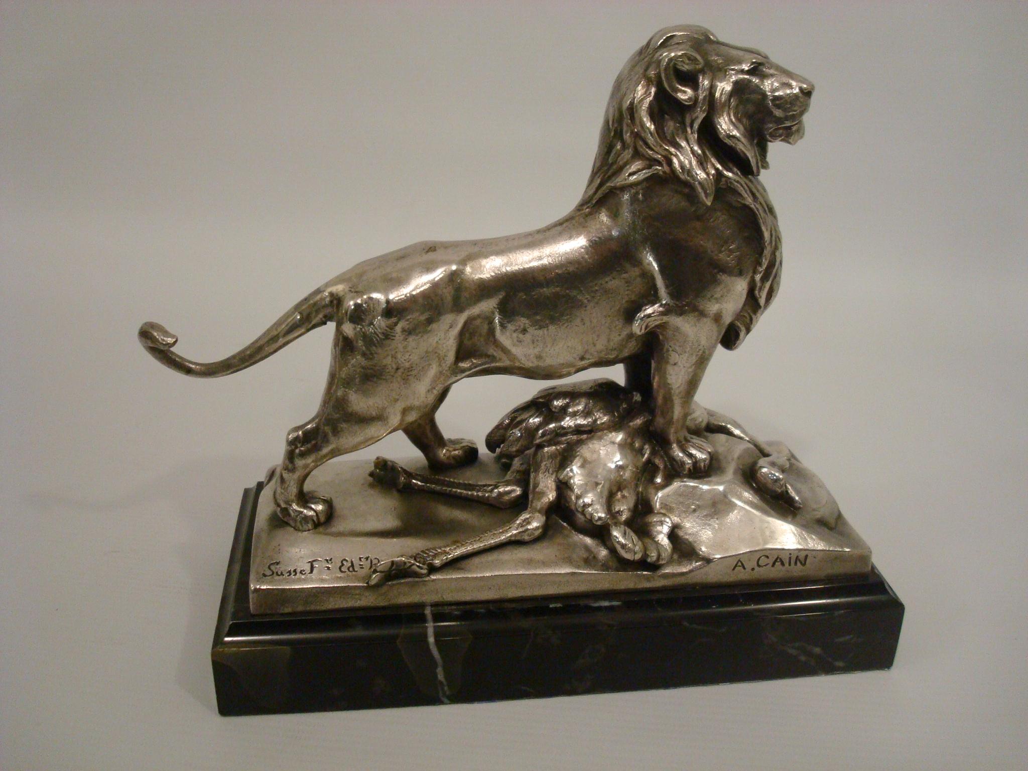 Auguste Cain Silvered Bronze Lion & Ostrich Sculpture 19th Century. For Sale 4