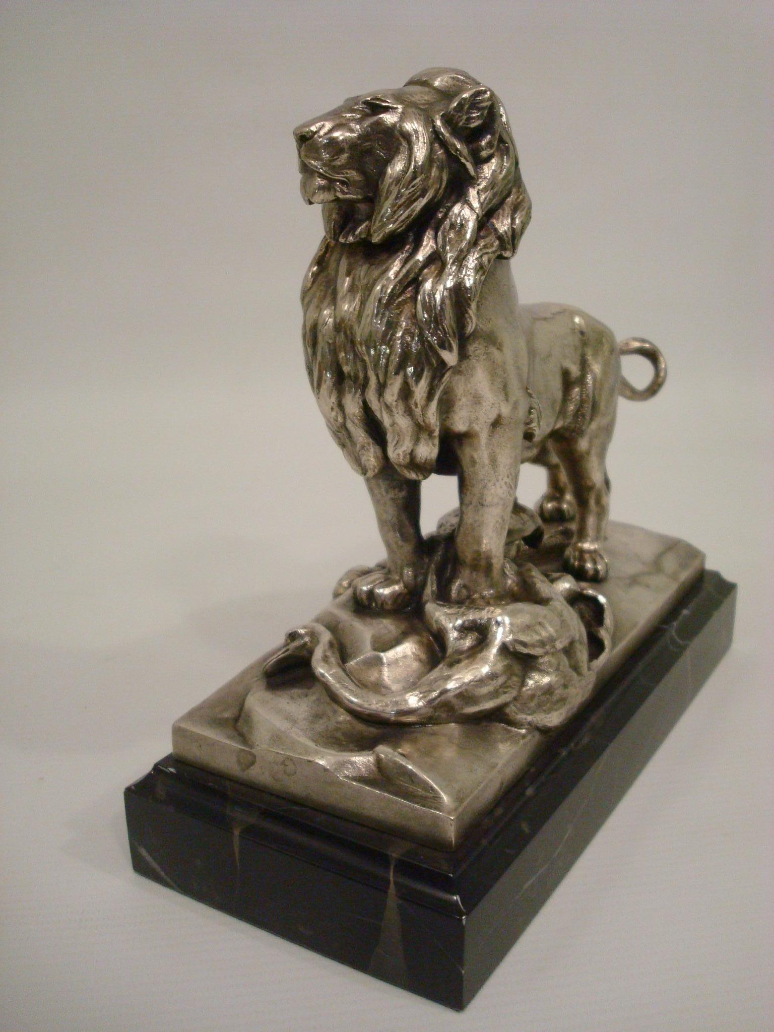 Auguste Cain Silvered Bronze Lion & Ostrich Sculpture 19th Century. For Sale 6
