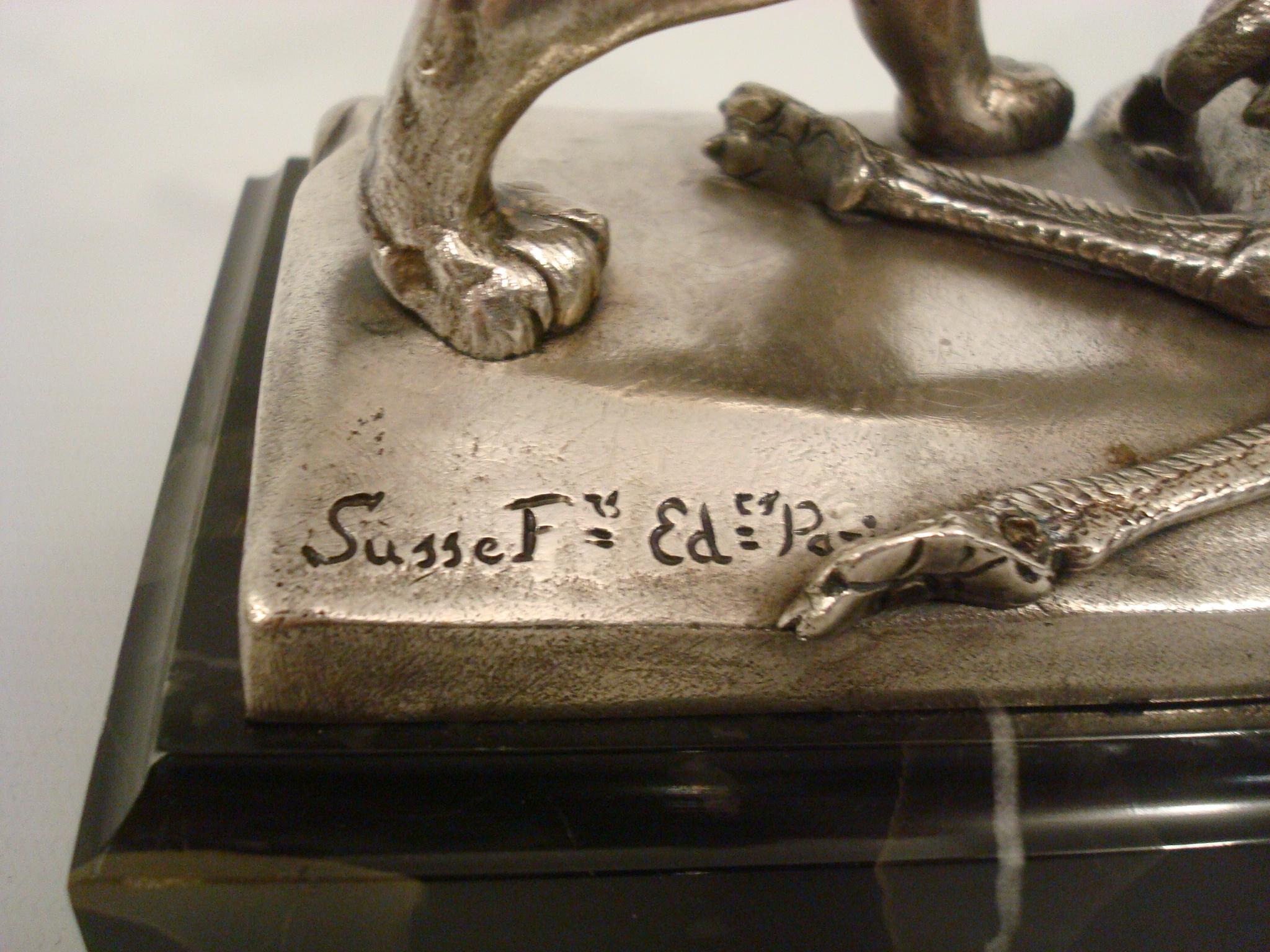 Empire Auguste Cain Silvered Bronze Lion & Ostrich Sculpture 19th Century. For Sale