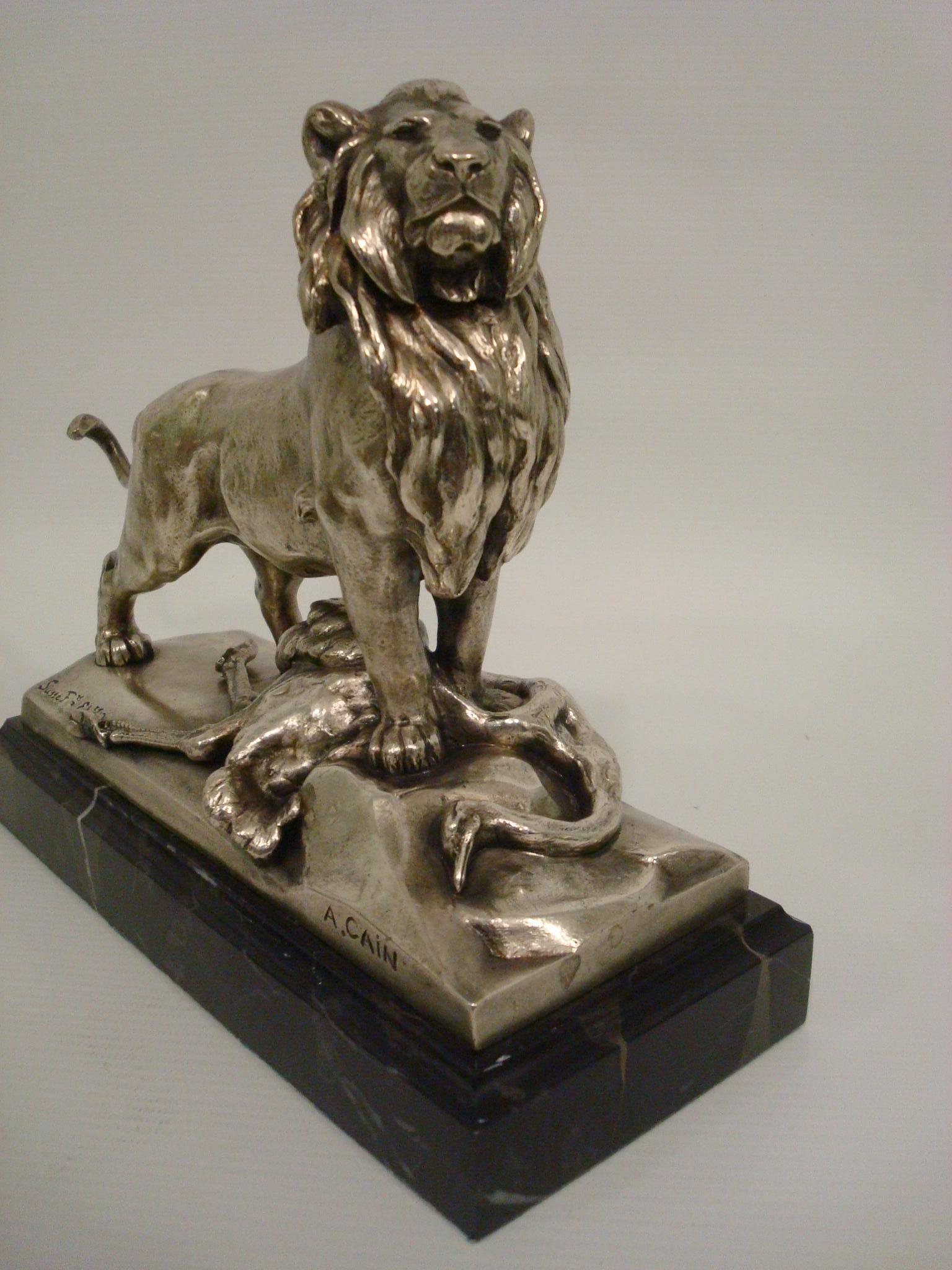 French Auguste Cain Silvered Bronze Lion & Ostrich Sculpture 19th Century. For Sale