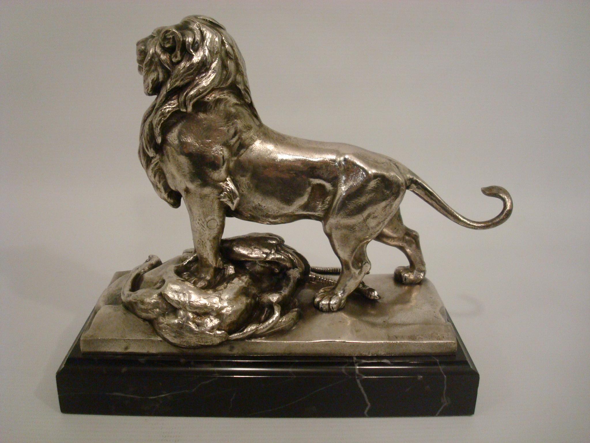 Auguste Cain Silvered Bronze Lion & Ostrich Sculpture 19th Century. For Sale 1