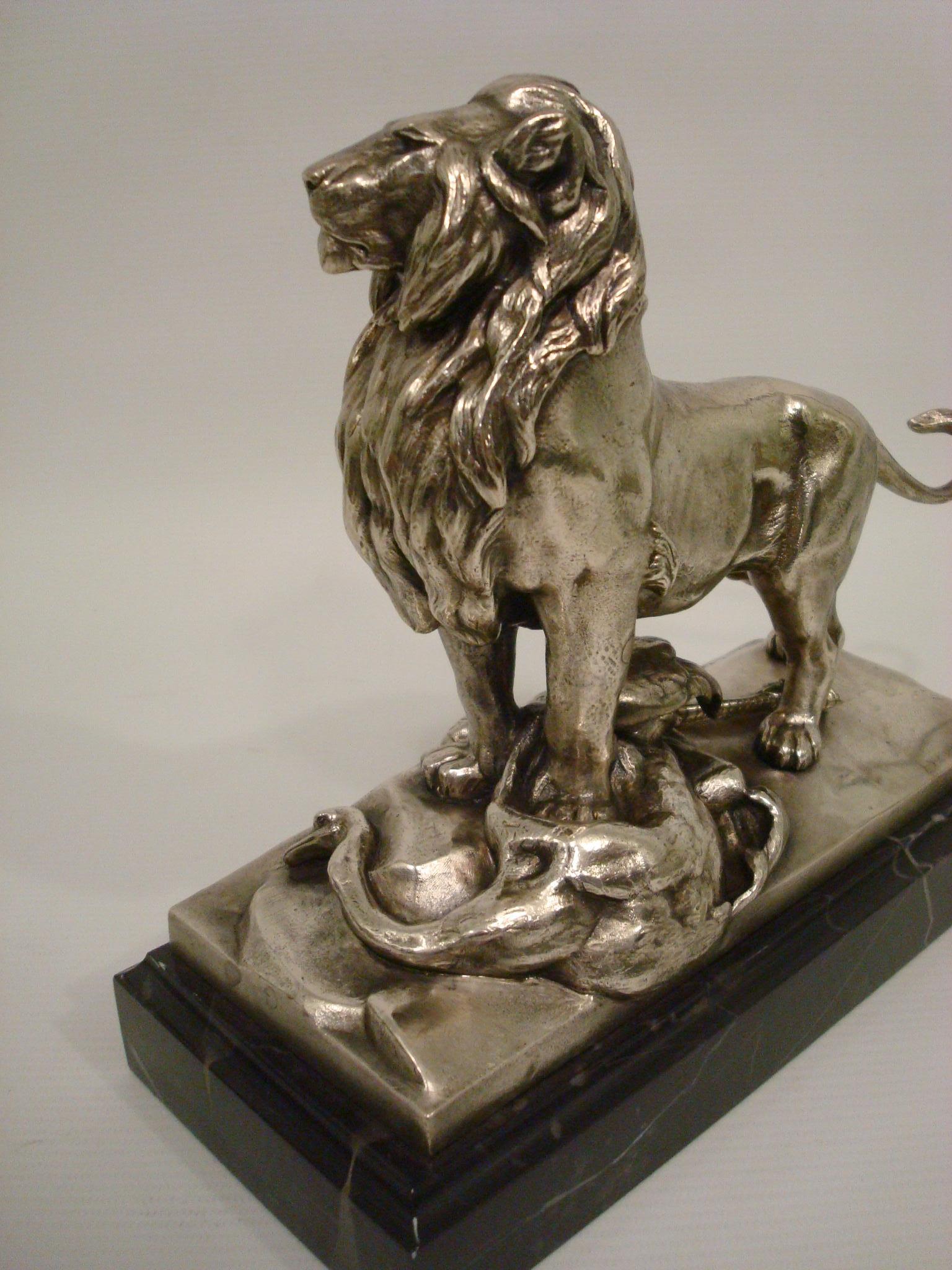 Auguste Cain Silvered Bronze Lion & Ostrich Sculpture 19th Century. For Sale 2