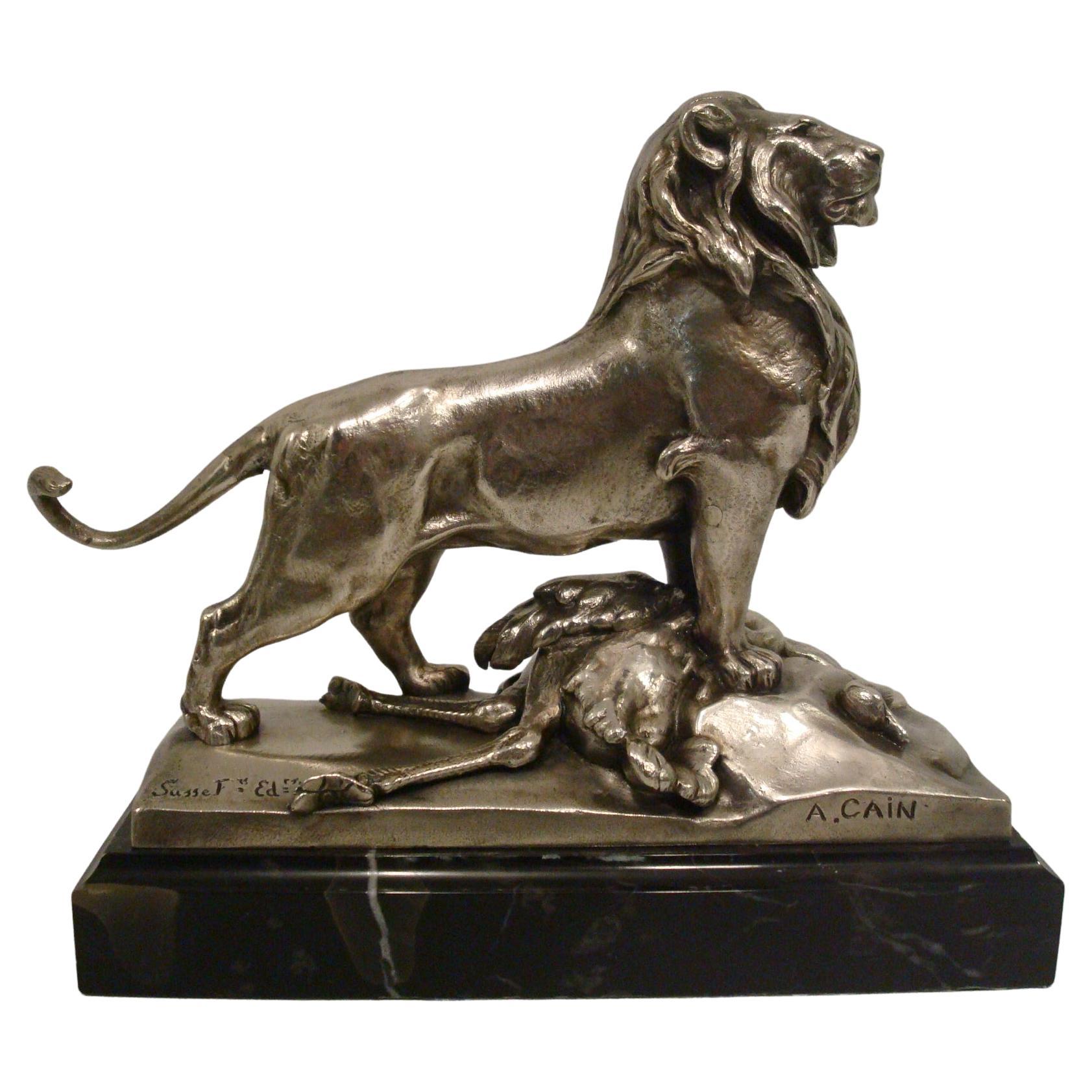 Auguste Cain Silvered Bronze Lion & Ostrich Sculpture 19th Century. For Sale