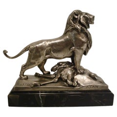 Auguste Cain Silvered Bronze Lion & Ostrich Sculpture 19th Century.