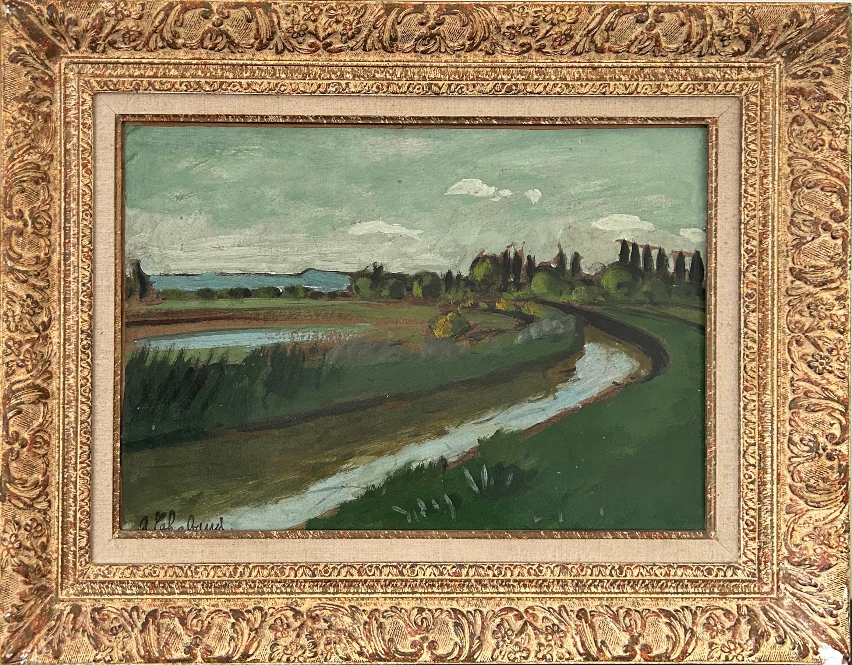 Auguste Chabaud Landscape Painting - Landscape at the canal, original oil landscape painting, French art