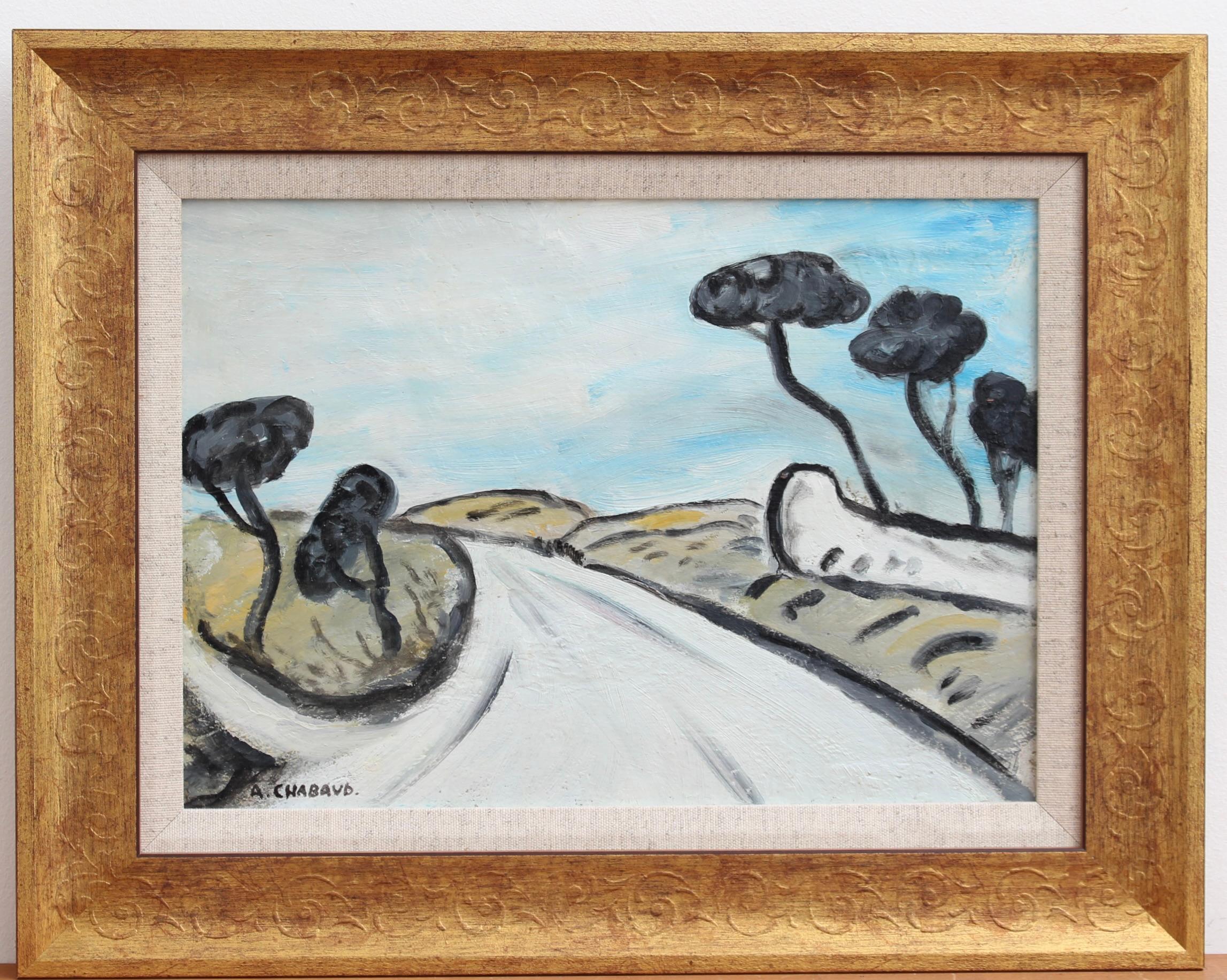 'Winter Scene in Provence', oil on panel, by Auguste Chabaud (circa 1910). This artwork depicts the typical pathways and roads around the Alpilles Mountains of Provence, very likely near the town of Eyegalieres. Chabaud's landscapes are often