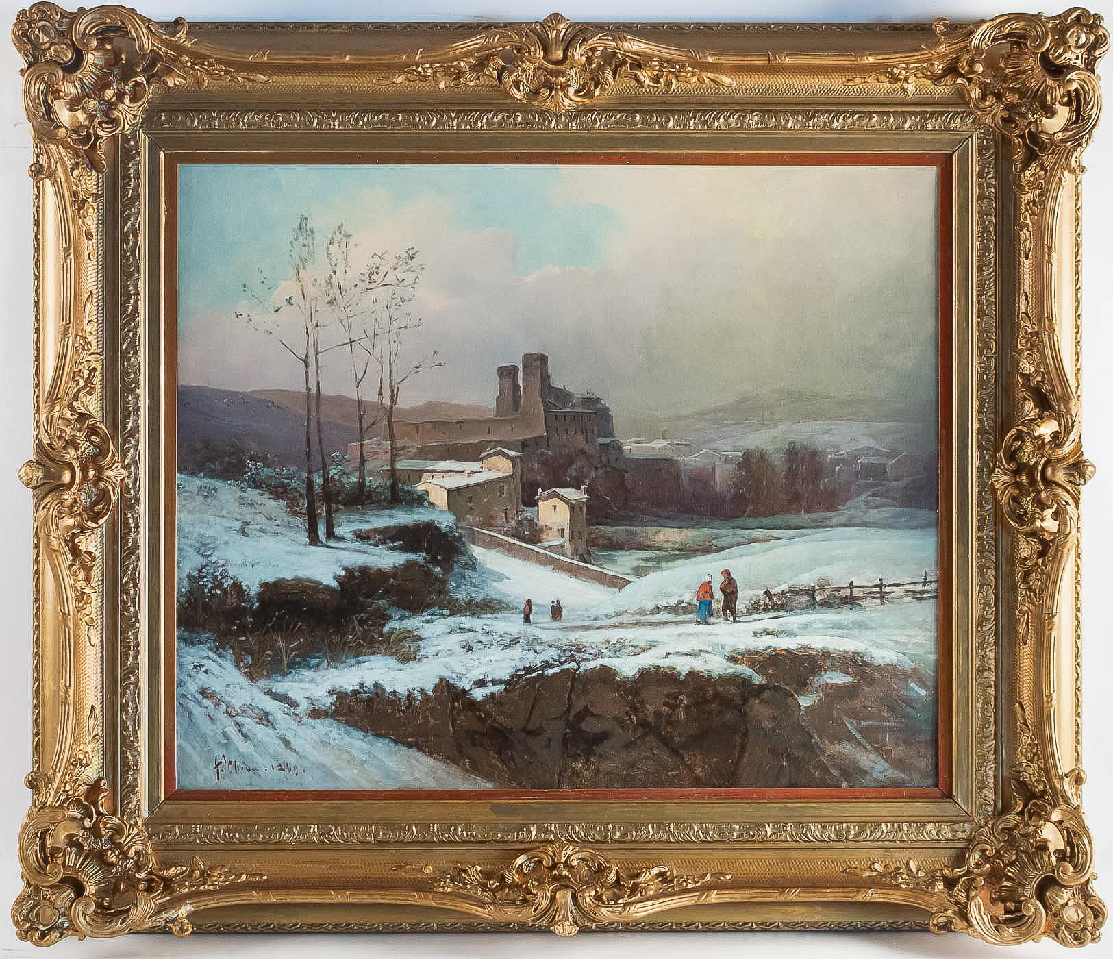 Auguste Chenu, oil on canvas Snow Landscape, circa 1869

A beautiful and decorative oil on canvas depicting a snow landscape with characters undoubtedly close to the city of Lyon.
Our painting sign and dated on the lower left by Auguste Chenu, a
