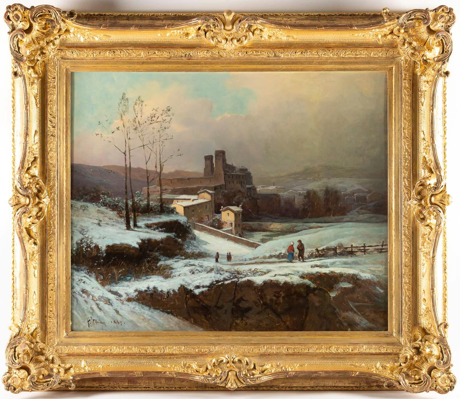 Auguste Chenu, oil on canvas snow landscape, circa 1869

Beautiful and decorative oil on canvas depicting a snow landscape with characters undoubtedly close to the city of Lyon.
Our painting sign and dated on the lower left by Auguste Chenu, a