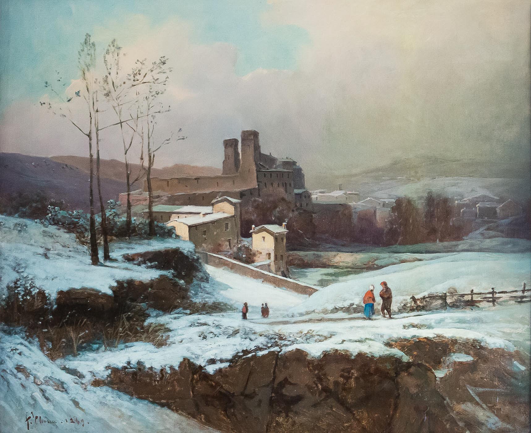 French Auguste Chenu, Oil on Canvas Snow Landscape, circa 1869 For Sale