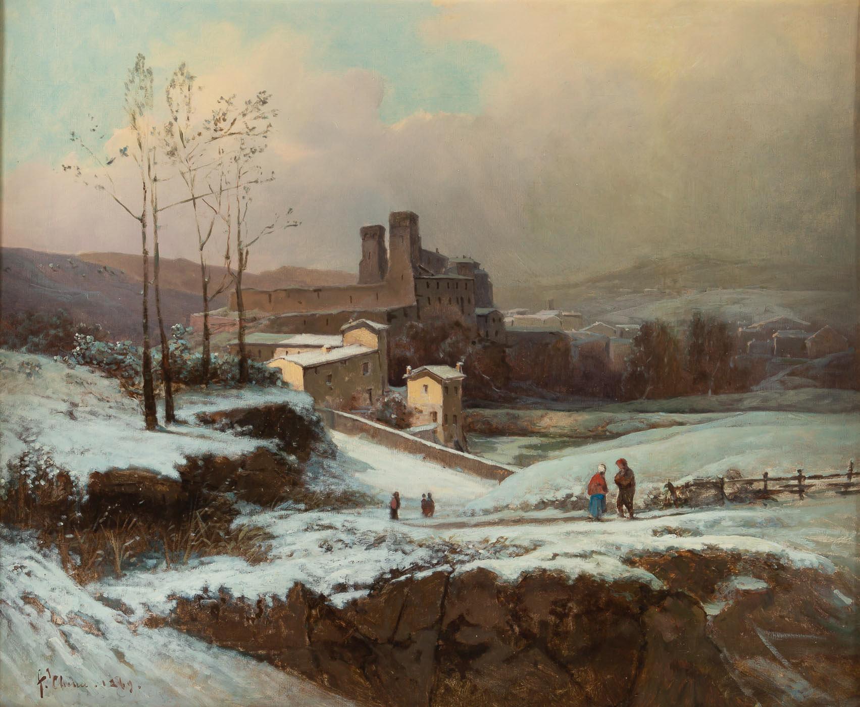 French Auguste Chenu Oil on Canvas Snow Landscape, circa 1869 For Sale