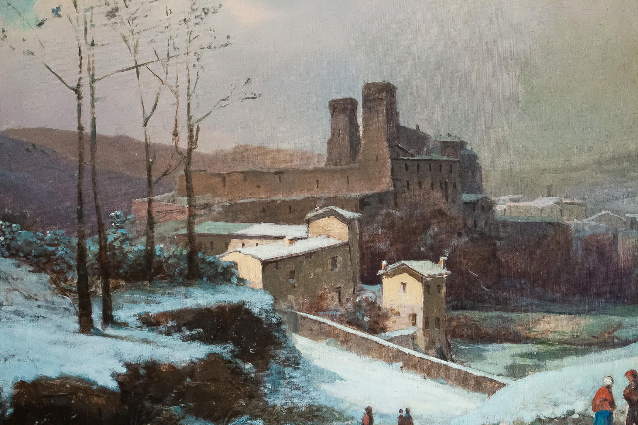 Oiled Auguste Chenu Oil on Canvas Snow Landscape, circa 1869 For Sale