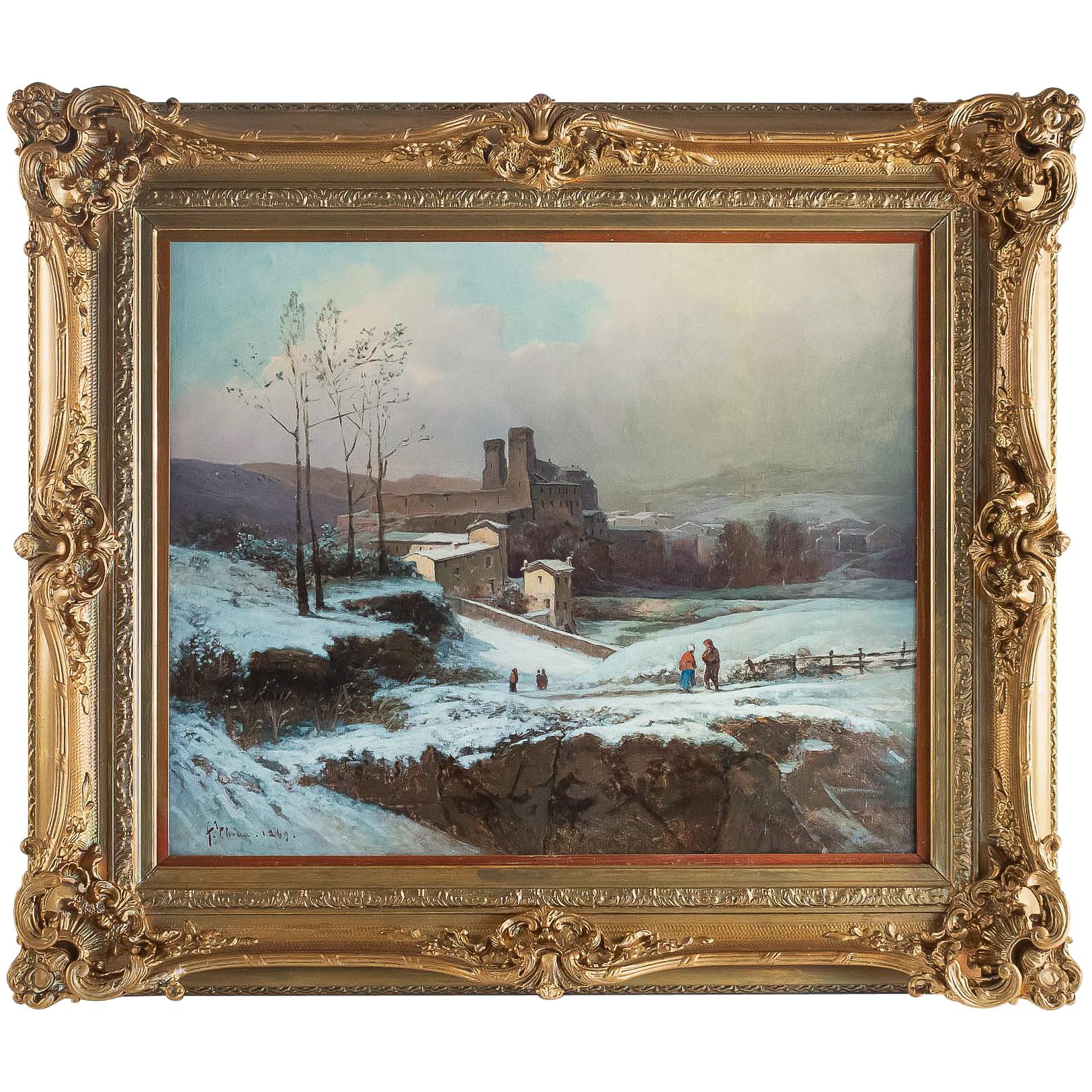 Auguste Chenu, Oil on Canvas Snow Landscape, circa 1869 For Sale