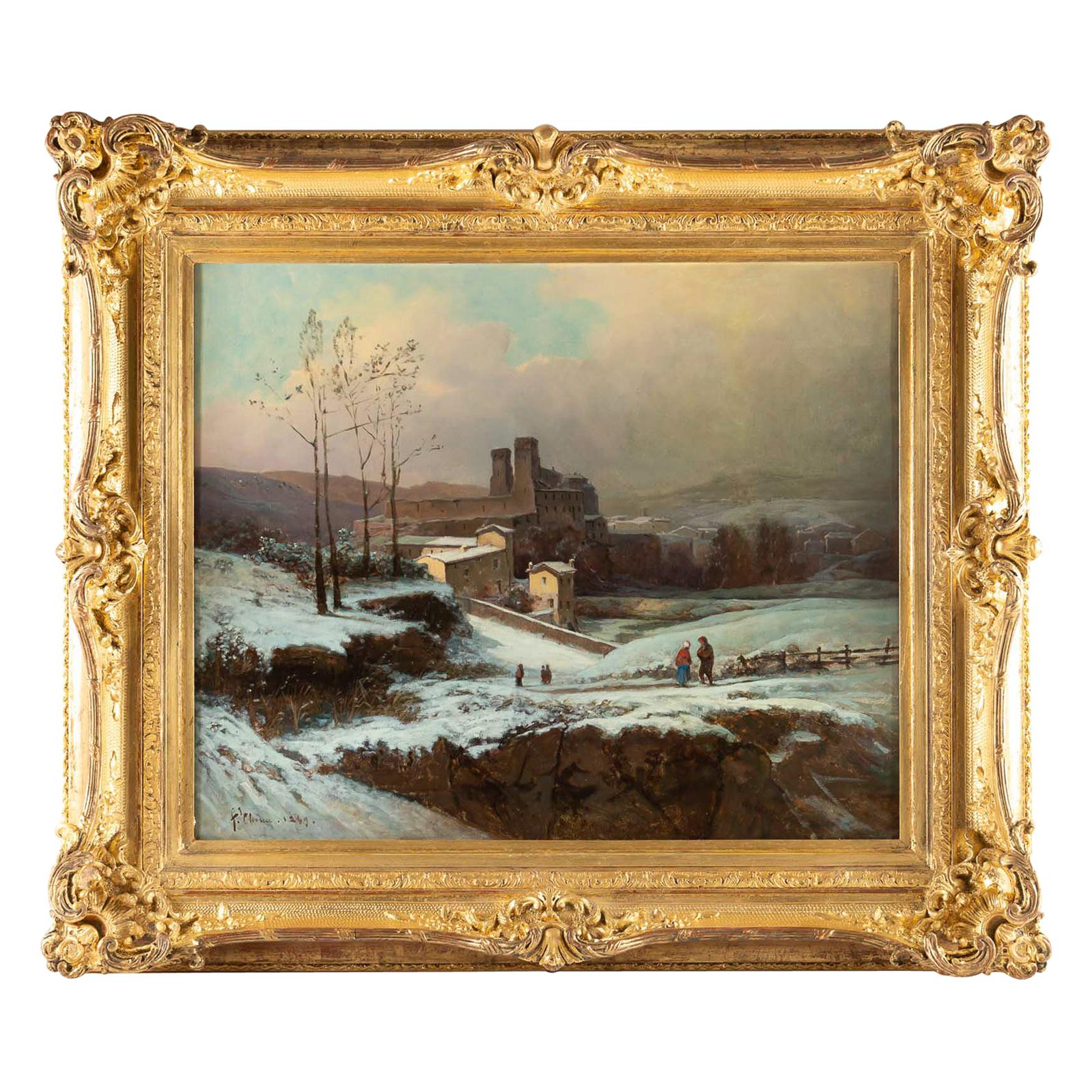 Auguste Chenu Oil on Canvas Snow Landscape, circa 1869 For Sale