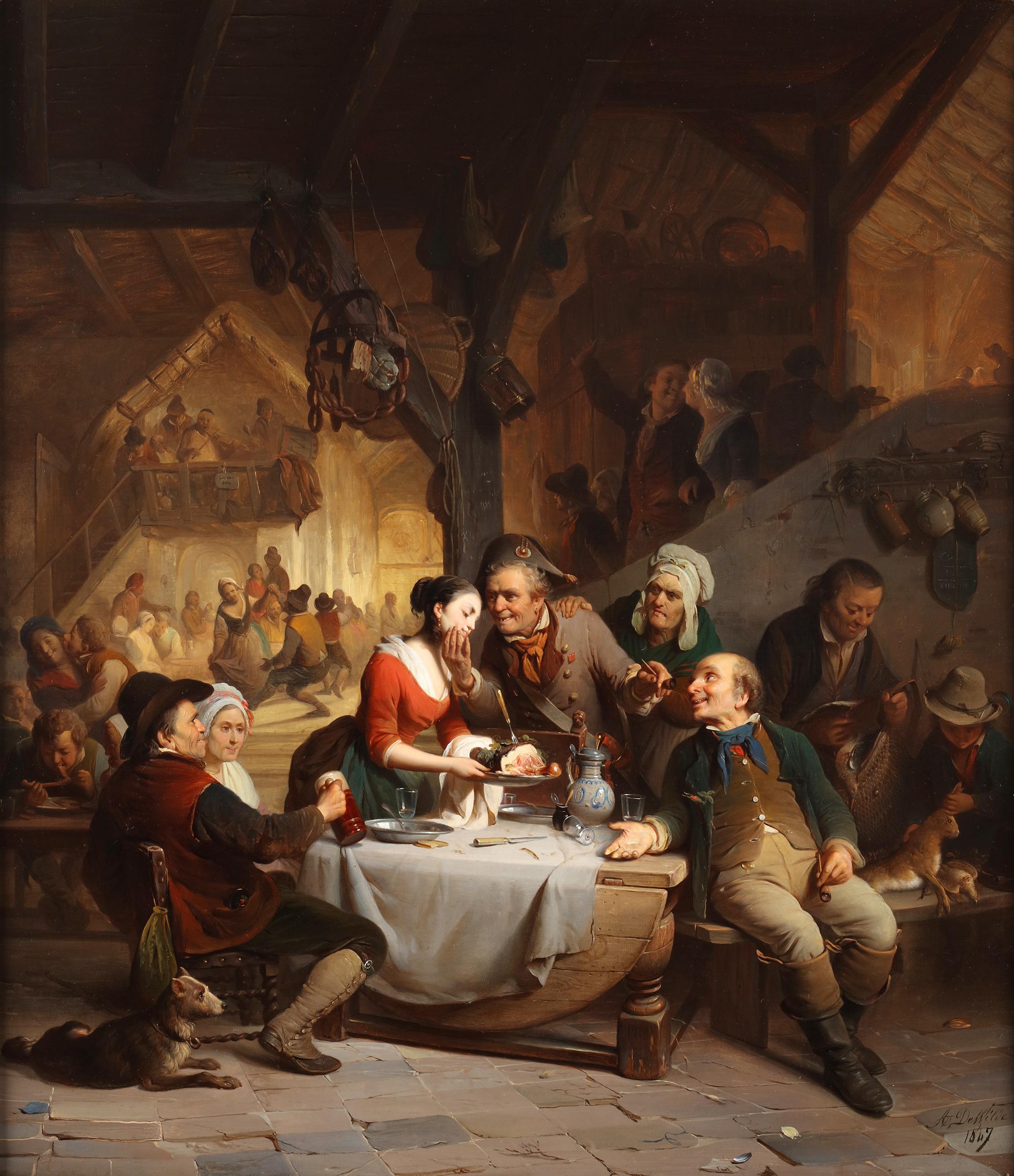 Oil on canvas

Signed and dated lower right: "A. De Wilde, 1847"

This work ‘The Seduction’ by Auguste De Wilde invites viewers into a lively and bustling tavern scene, capturing the essence of merriment and indulgence in a bygone era. The