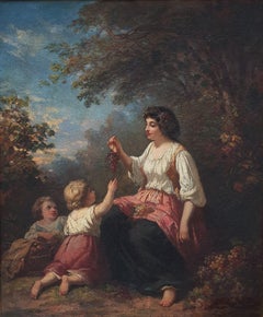 French 19th painting DELACROIX Canvas Allegory Autumn children grapes bucolic