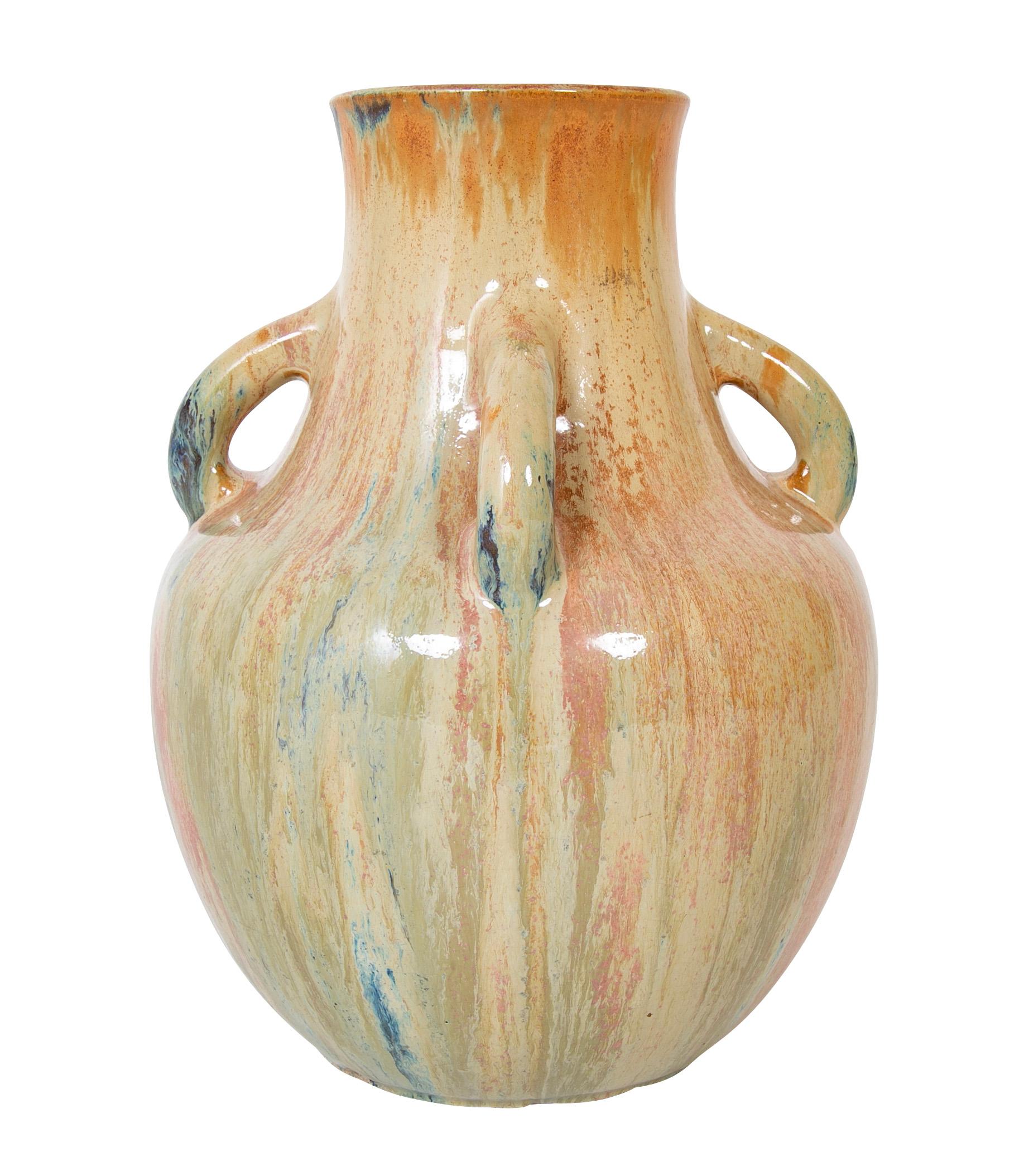 Auguste Delaherche ( French. 1857 - 1940 ) four handled stoneware vase with flambe crystalline glaze.  France with makers Stamped.  Circa 1898.
Auguste Delaherche - Historic - Jason Jacques Gallery
A bit about Auguste Delaherche from Jason Jacques's