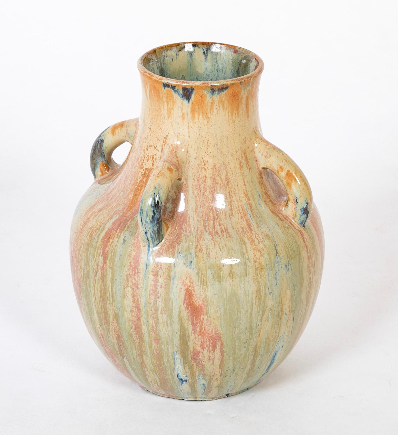 Art Nouveau Auguste Delaherche Four Handled Stoneware Vase, Stamped For Sale