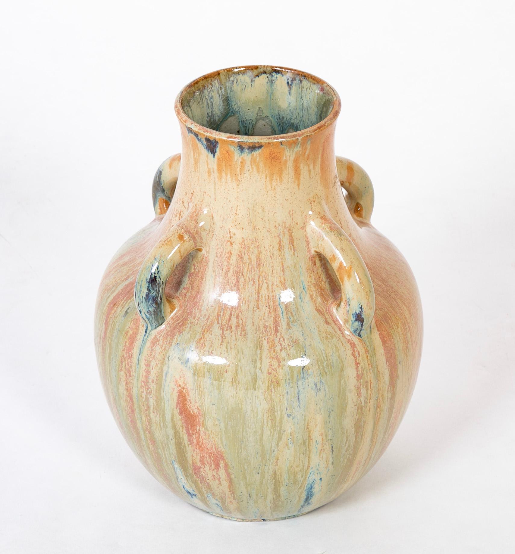 French Auguste Delaherche Four Handled Stoneware Vase, Stamped For Sale
