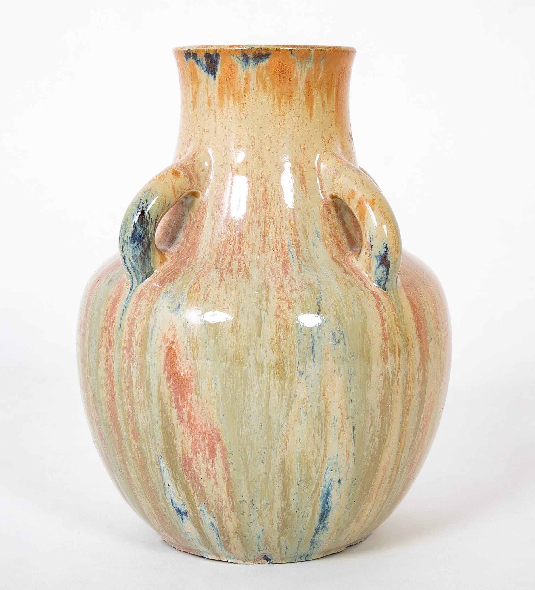 Glazed Auguste Delaherche Four Handled Stoneware Vase, Stamped For Sale