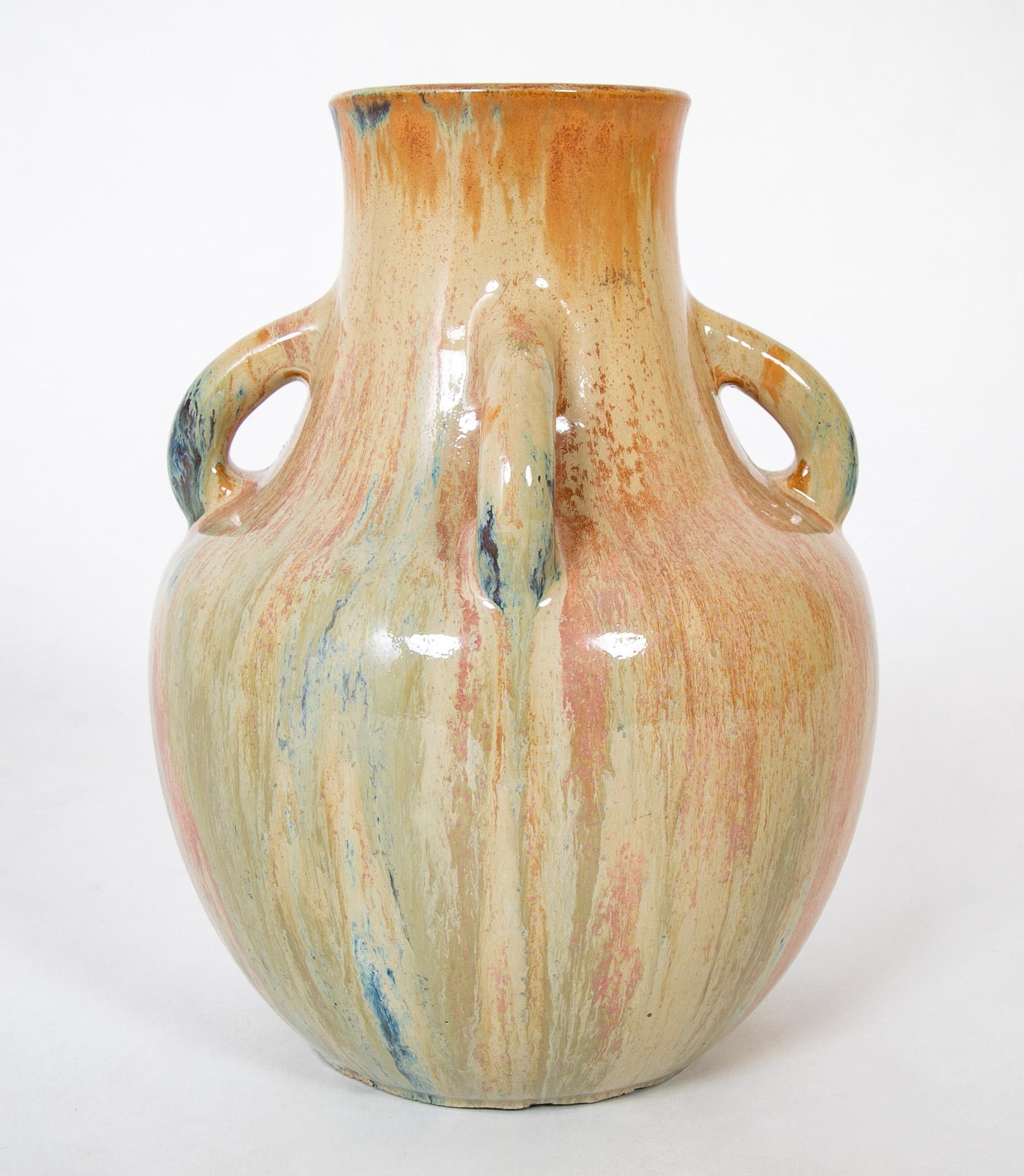 Auguste Delaherche Four Handled Stoneware Vase, Stamped In Good Condition For Sale In Stamford, CT