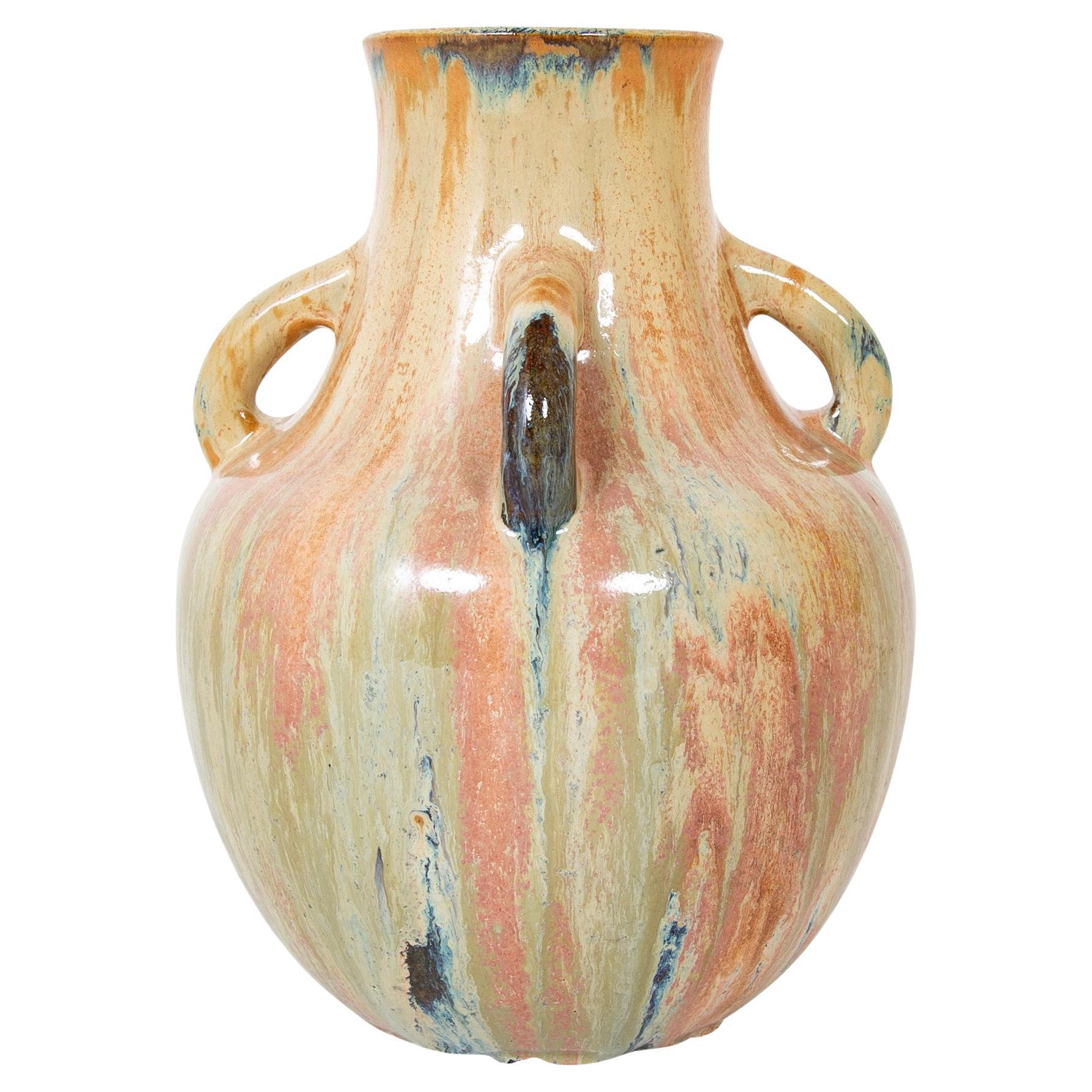 Auguste Delaherche Four Handled Stoneware Vase, Stamped For Sale
