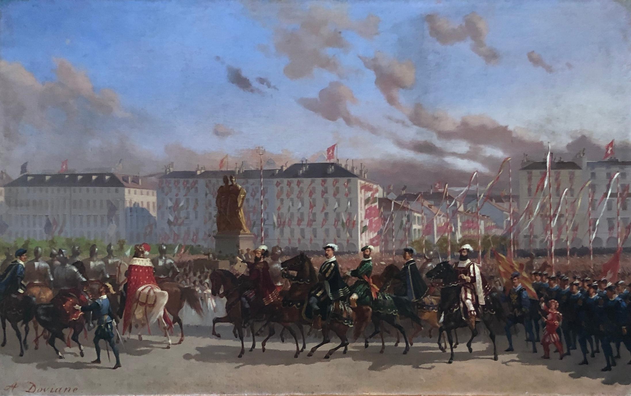 Auguste Doviane Landscape Painting - Escalade Festival in Geneva