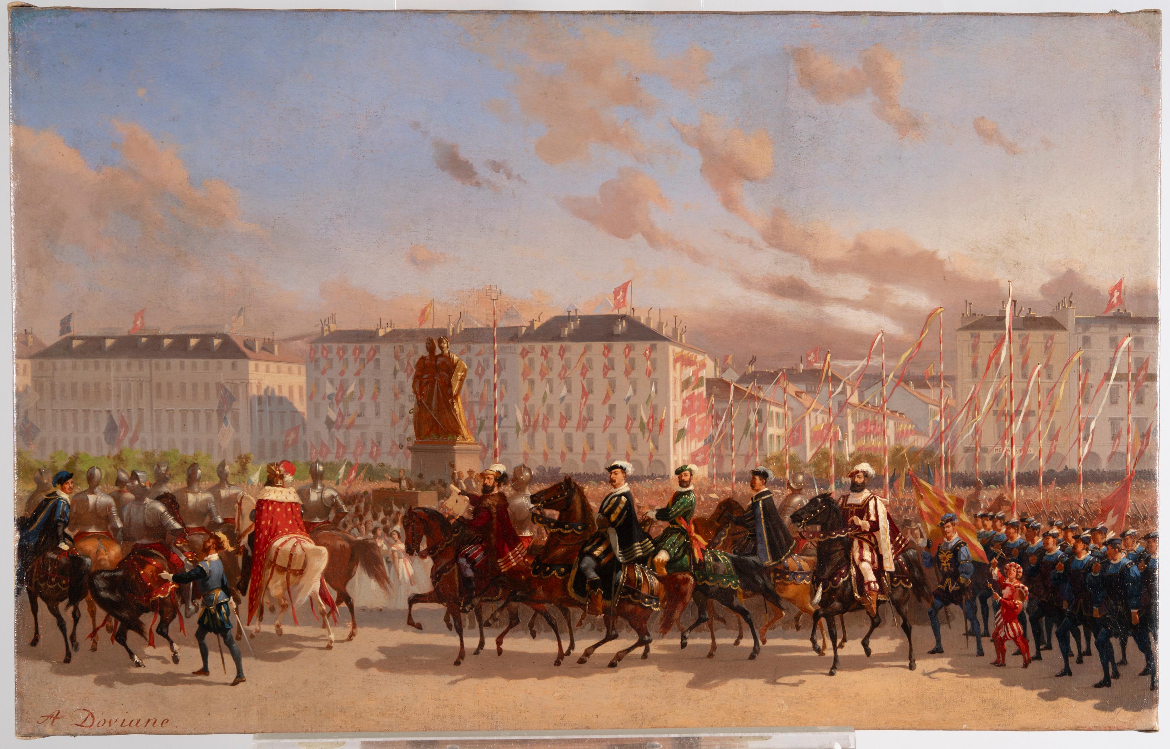 Parade in Geneva, 19th Century European Historical Oil Painting