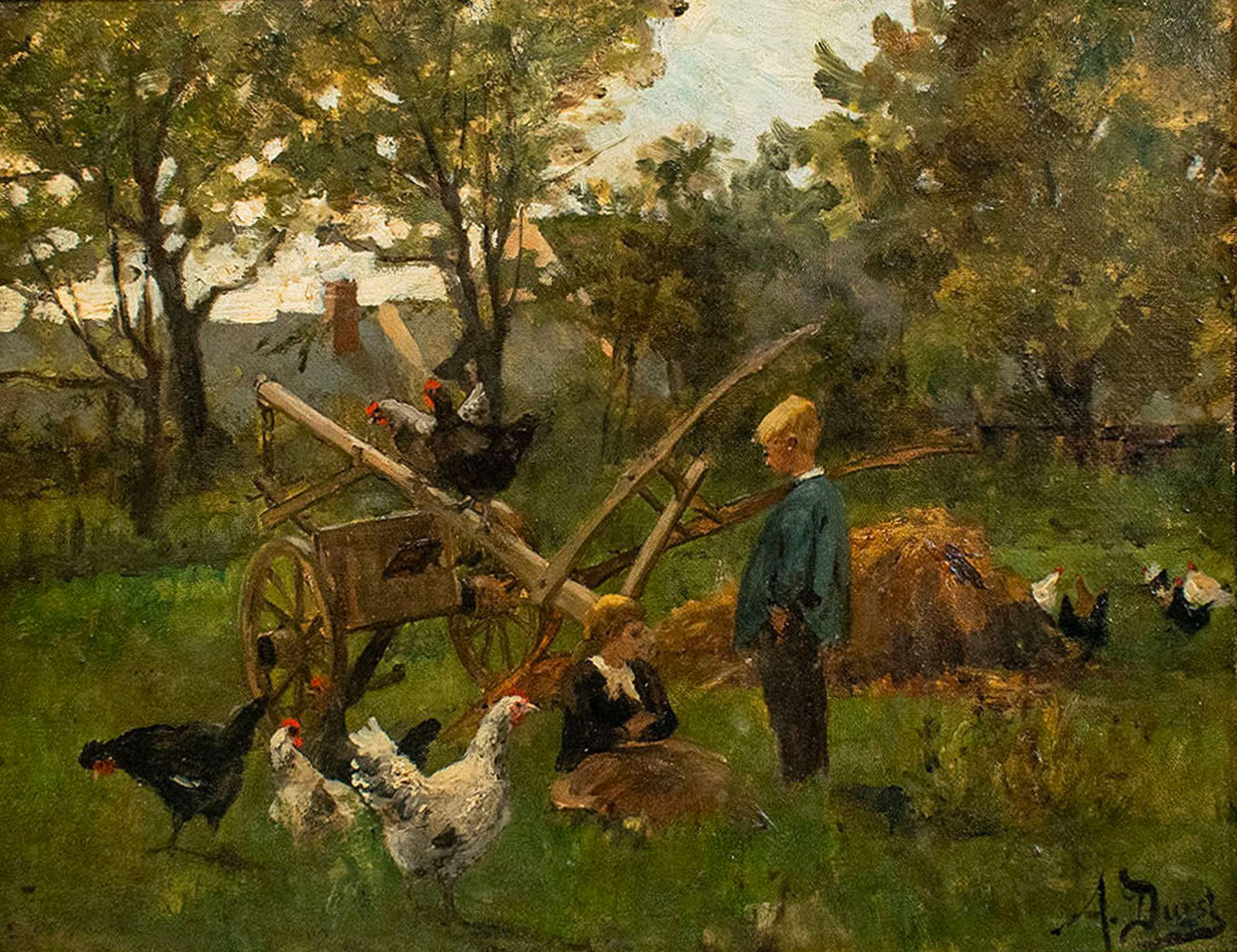 Auguste DURST (French 1842-1930).

Oil on Canvas - Children playing among chickens in the post impressionist style. 
 Signed lower right.

26.5 x 34.5 cm.

Important gilded stuccoed wood frame.

Both the painting and the frame are in very good