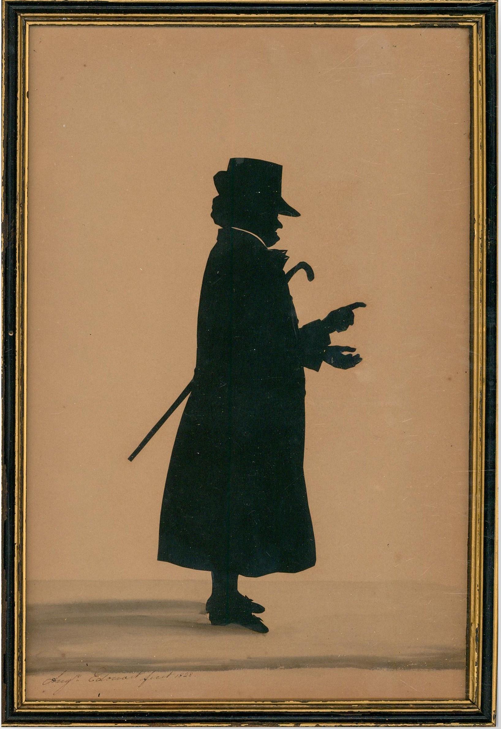 A fine late Georgian paper cut silhouette, showing a well dressed man in coat and hat with his walking stick tucked under his arm. The artist has signed and dated to the lower left corner. The artwork has been presented in a 20th Century gilt and