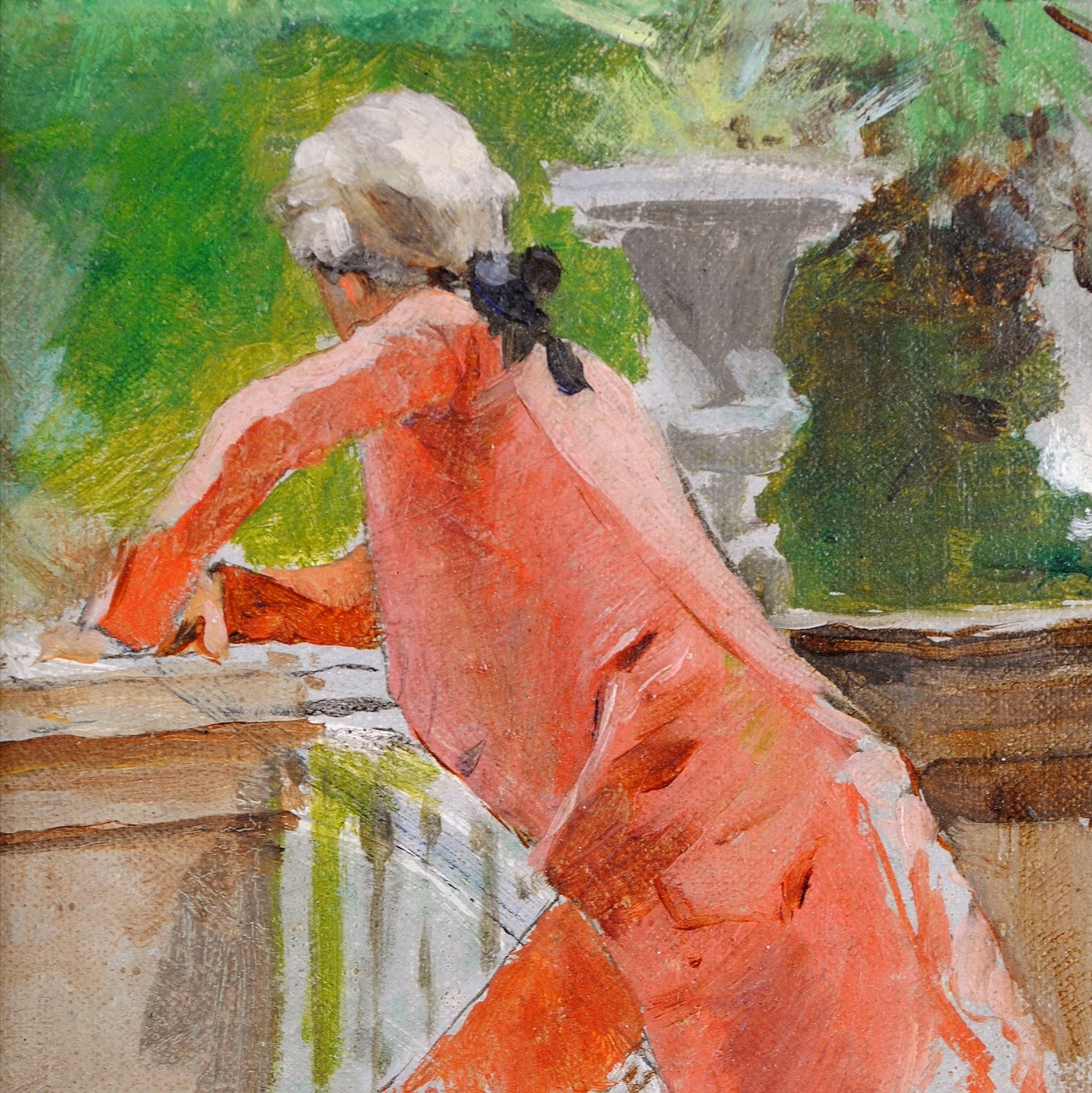 Bellissimo olio su tela francese della fine del XIX secolo con ritratto di un elegante gentiluomo in un giardino, opera di Eleg-Émile Pinchart.

Opera di qualità eccellente di questo importante pittore francese che studiò sotto la guida di Jean-Léon