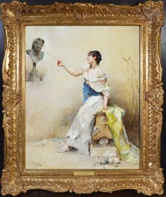 Antique Une Fille de la Nymphe - 19th Century French Portrait Oil Painting Young Beauty 