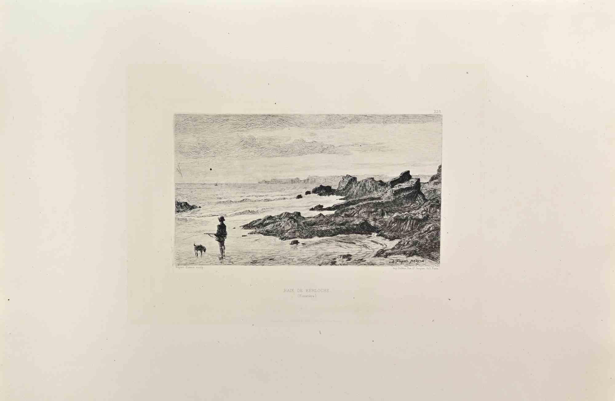 Baie de Kerloche is a black and White etching realized by Auguste Feyen Perrin in the 1860s. 

Titled in the lower.

Image size: 23x32.

Very good impression with wide margins and a very fresh inking.

Realized for the "Société des Aquafortistes.