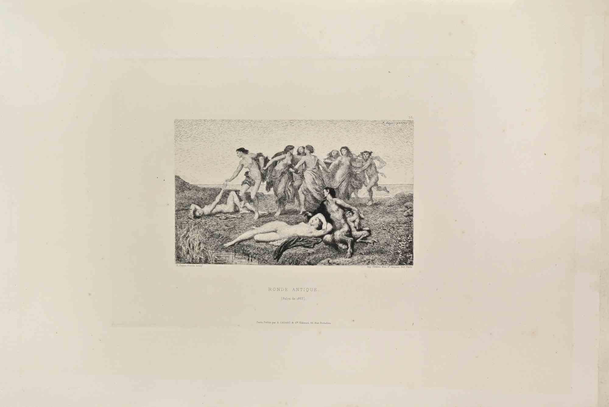 Ronde Antique is a black and White etching realized by Auguste Feyen Perrin in the 1860s 

Titled in the lower

Image Size: 23x30

Very good impression.

Realized for the "Société des Aquafortistes. Born on the initiative of the publisher Alfred