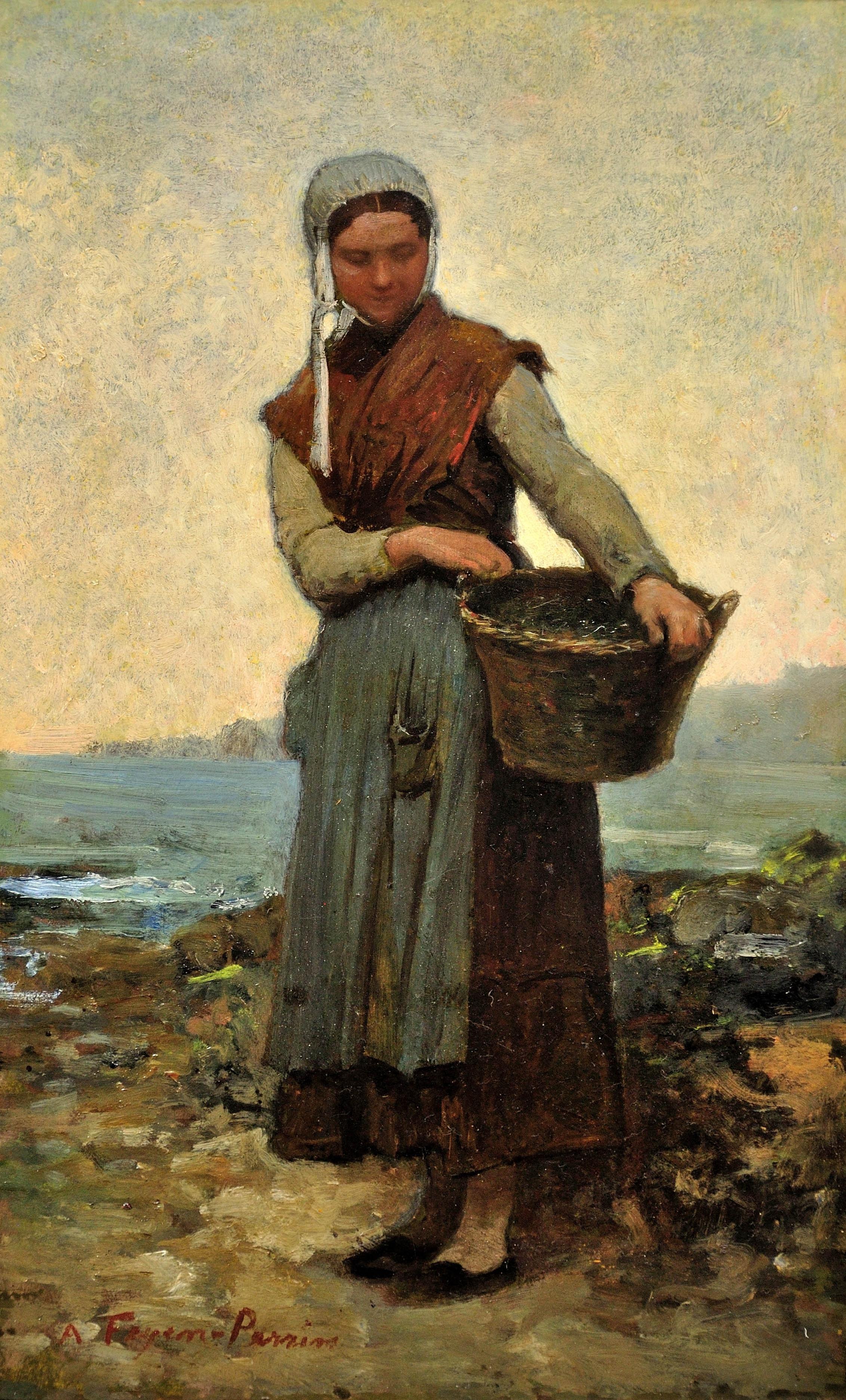 Ramasseuse de Coquillages, Bretagne.Shellfish Collector, Brittany. Breton 19th C - Painting by Auguste Feyen-Perrin