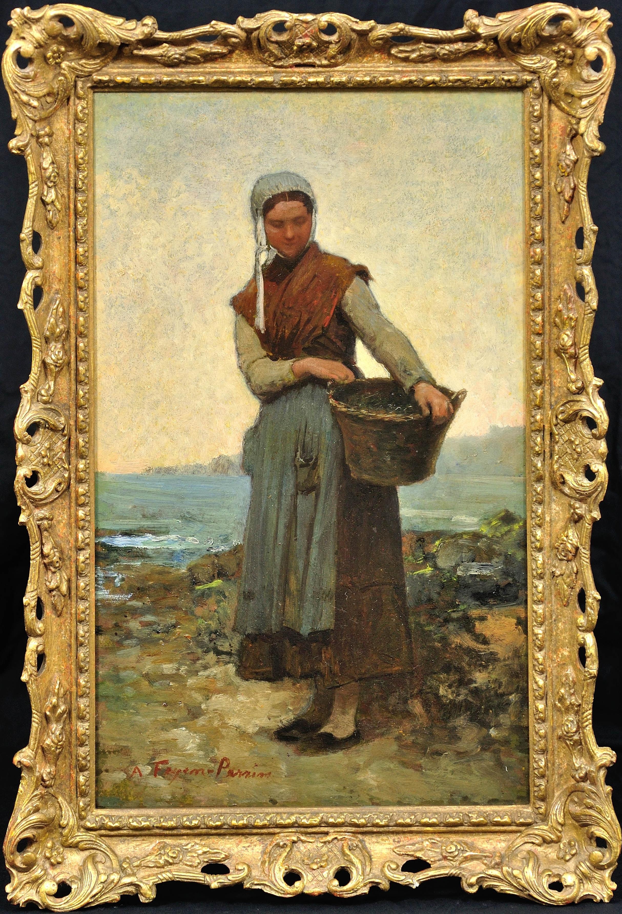 Auguste Feyen-Perrin Figurative Painting - Ramasseuse de Coquillages, Bretagne.Shellfish Collector, Brittany. Breton 19th C