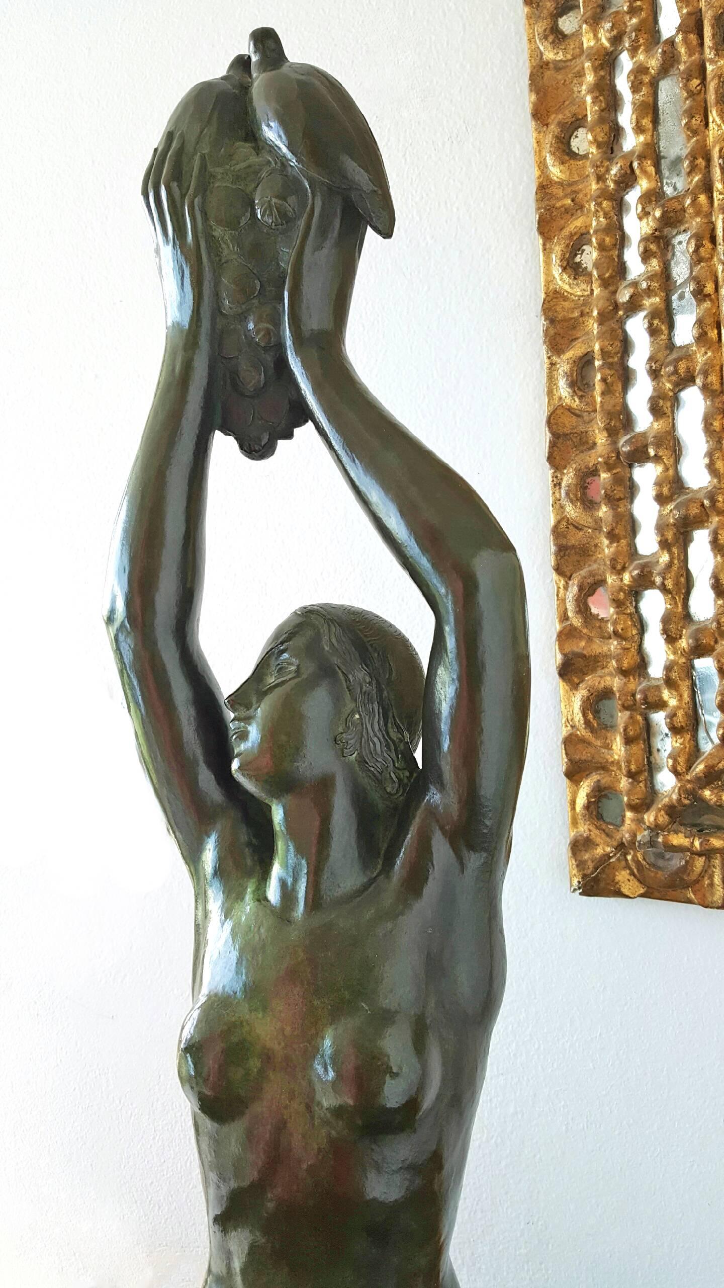 Art Deco Sculpture  - Art Deco Bronze, Nude Venus doves grapes - Gold Nude Sculpture by Gilbert Auguste Privat