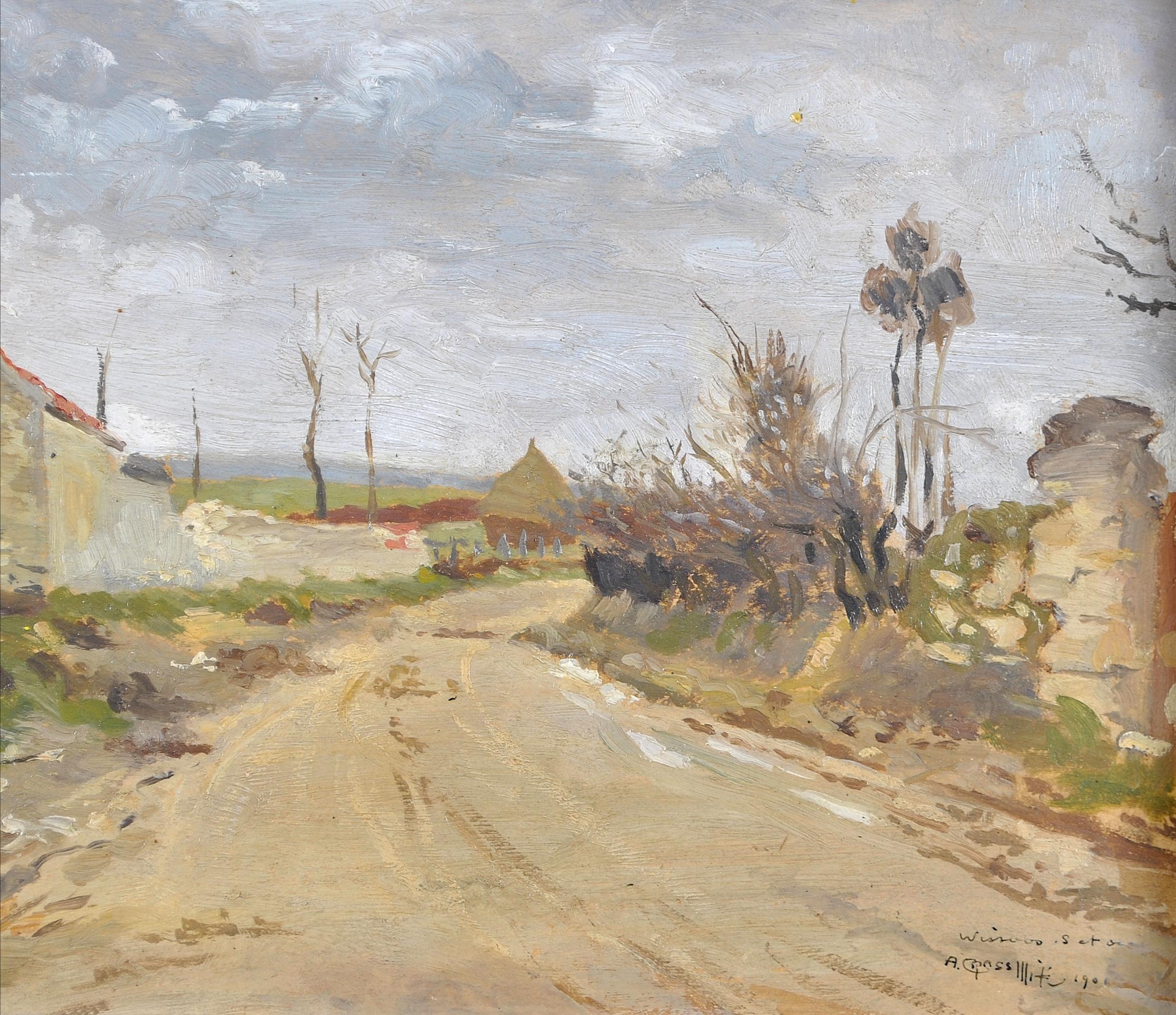 Wissous - French Impressionist Landscape near Paris Road Haystack Oil Painting For Sale 1