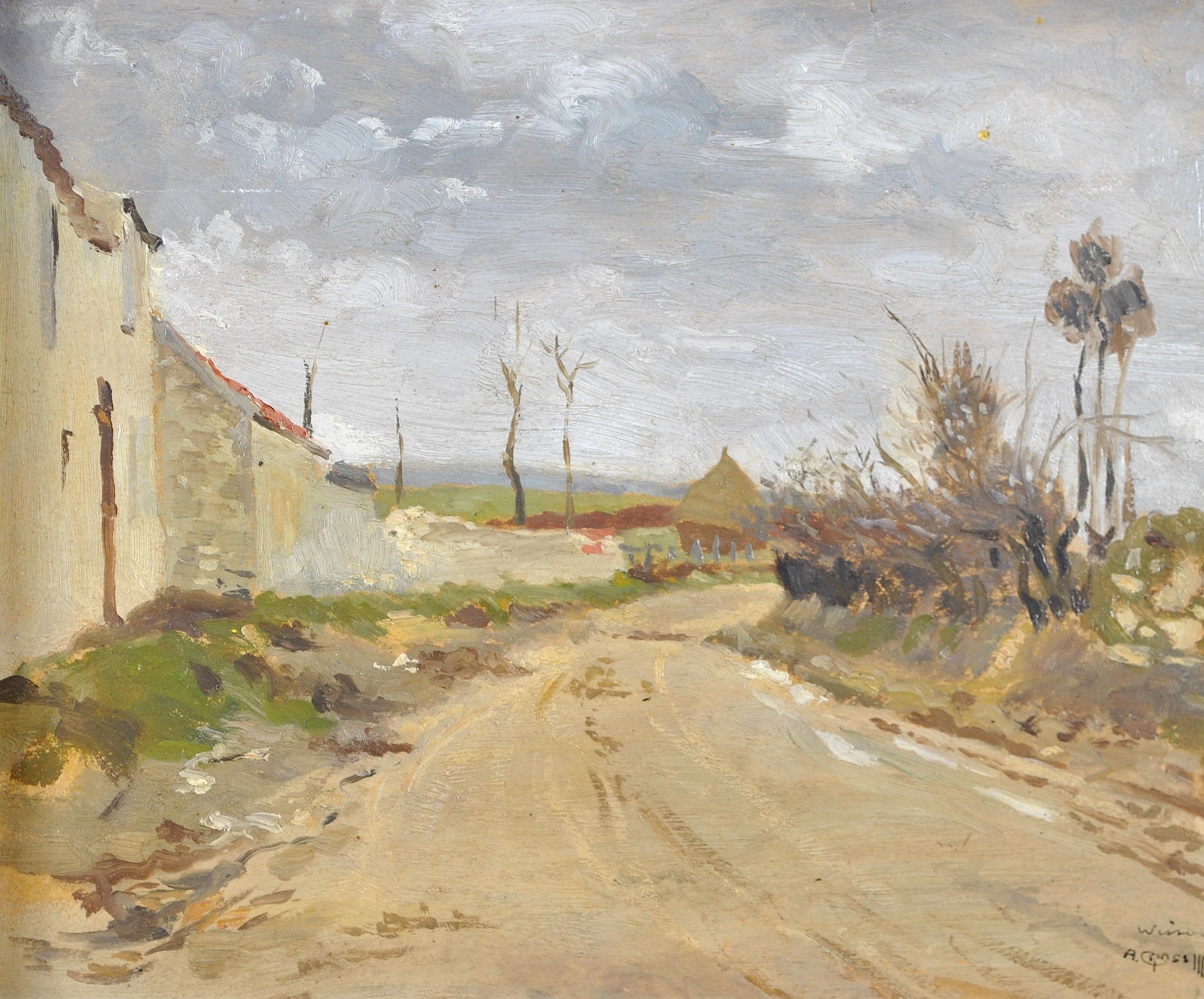 Wissous - French Impressionist Landscape near Paris Road Haystack Oil Painting For Sale 2