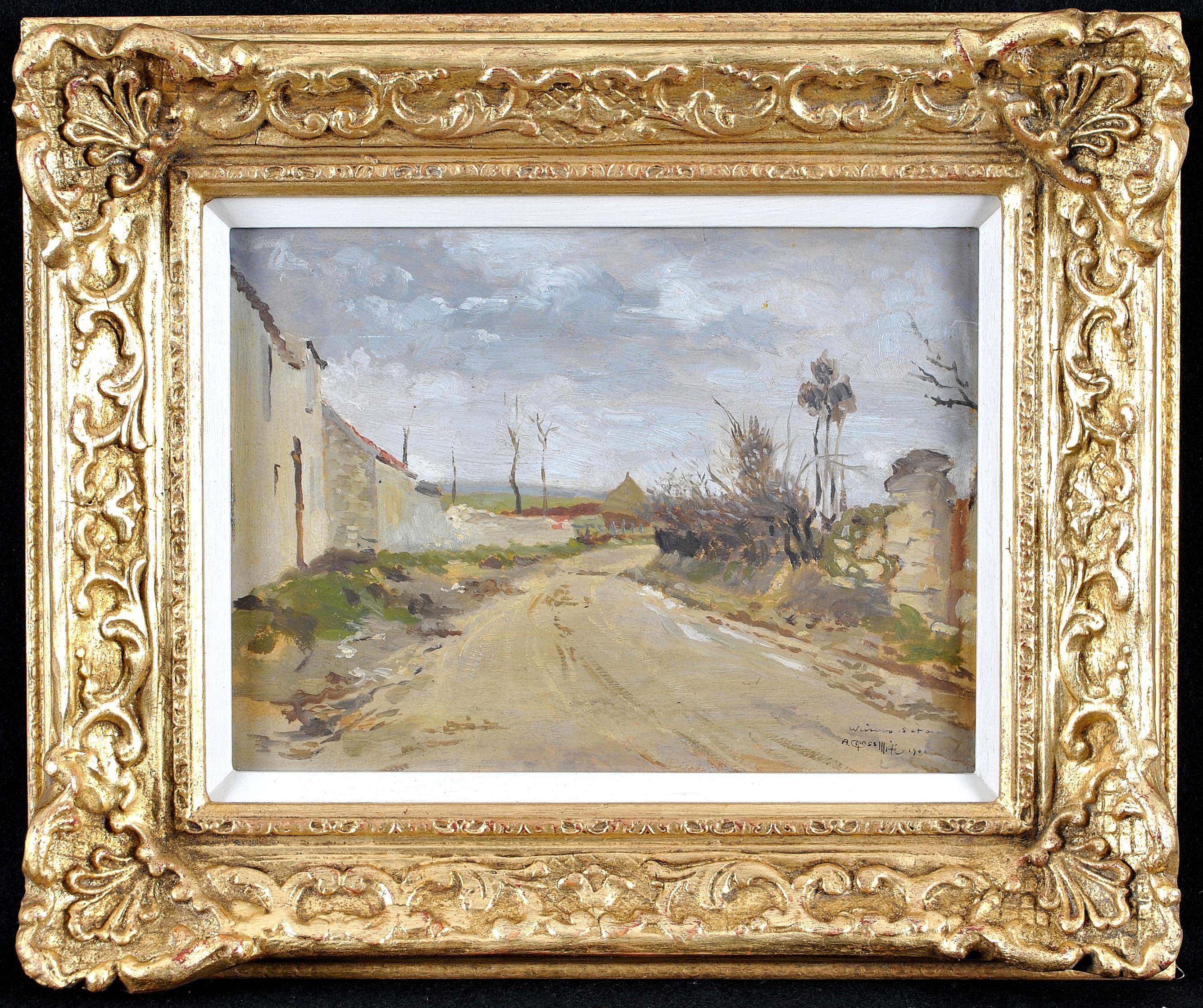 Auguste Grass-Mick Figurative Painting – Wissous - Französische impressionistische Landschaft in der Nähe der Pariser Straße Haystack, Ölgemälde