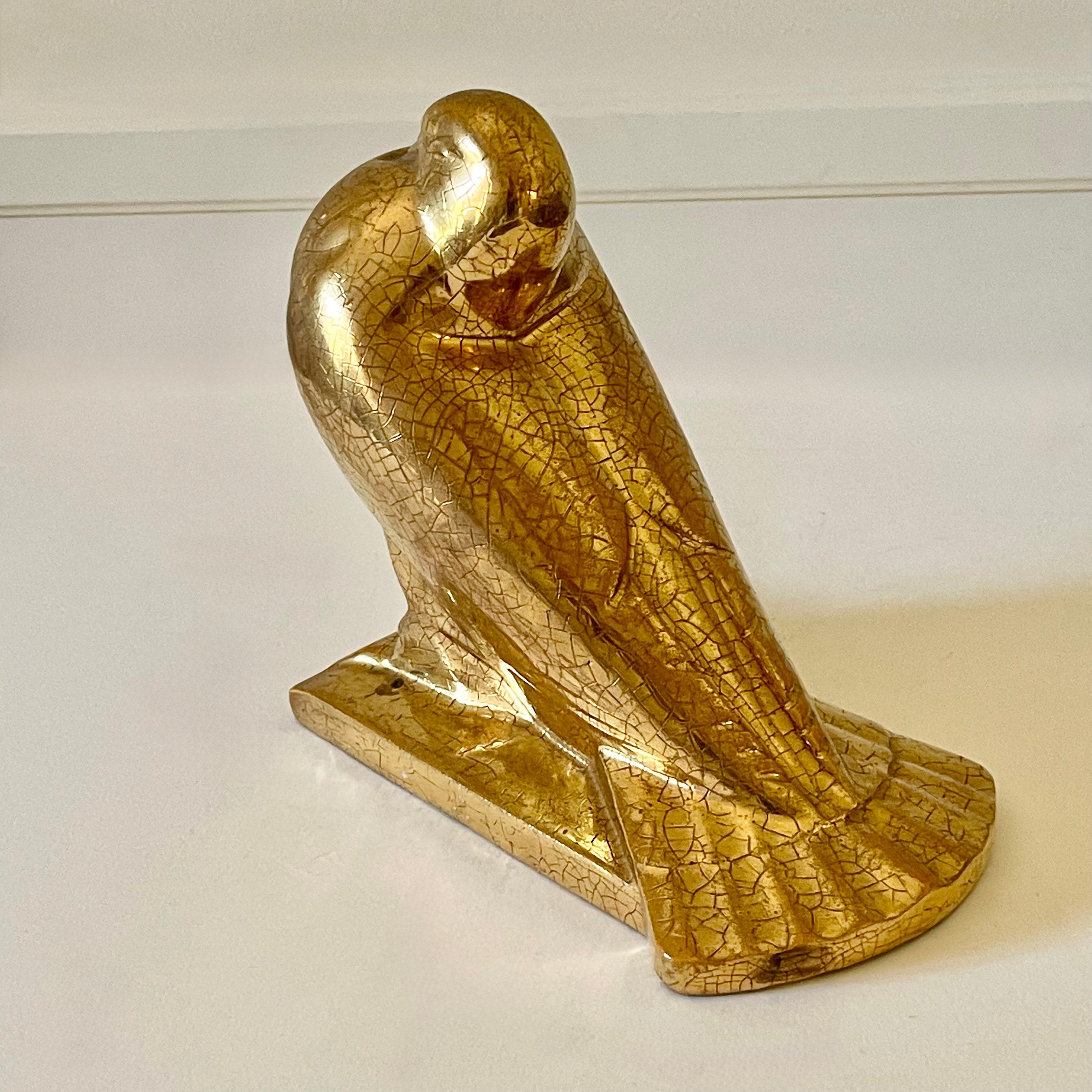 French Auguste Heng (1891-1968) Art Deco Ceramic Gold Peacock Pigeon For Sale