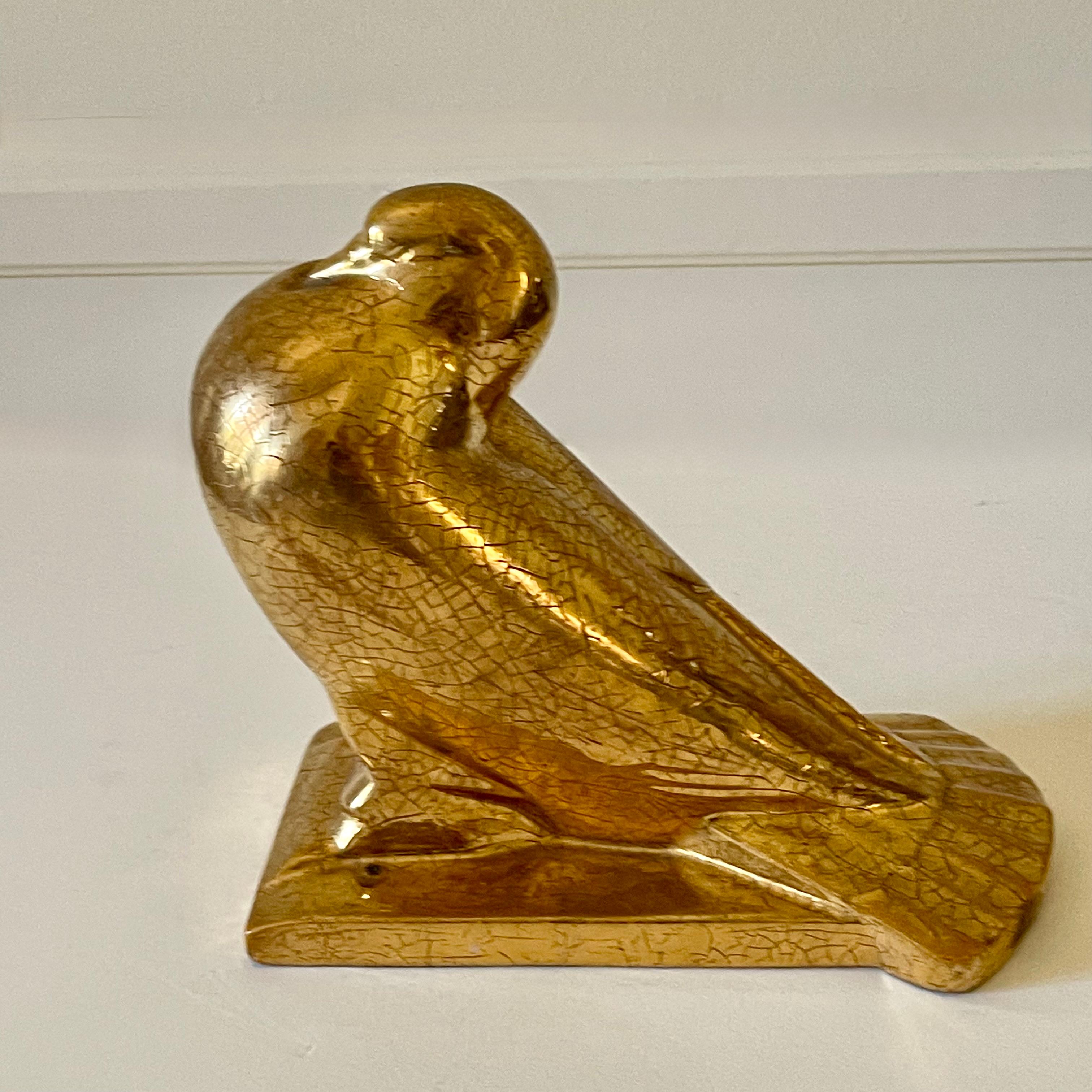 Auguste Heng (1891-1968) Art Deco Ceramic Gold Peacock Pigeon In Good Condition For Sale In CA, CA