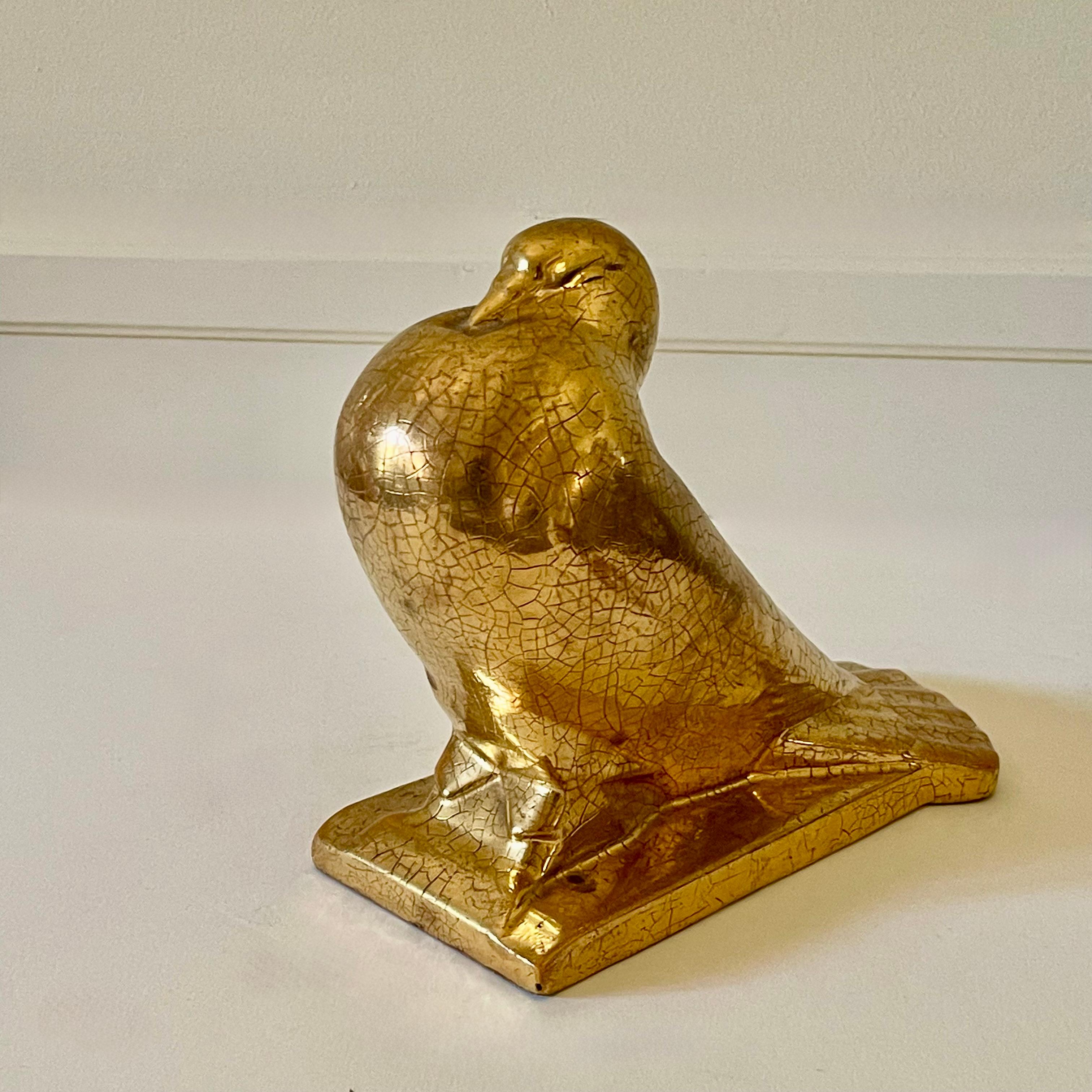 Early 20th Century Auguste Heng (1891-1968) Art Deco Ceramic Gold Peacock Pigeon For Sale
