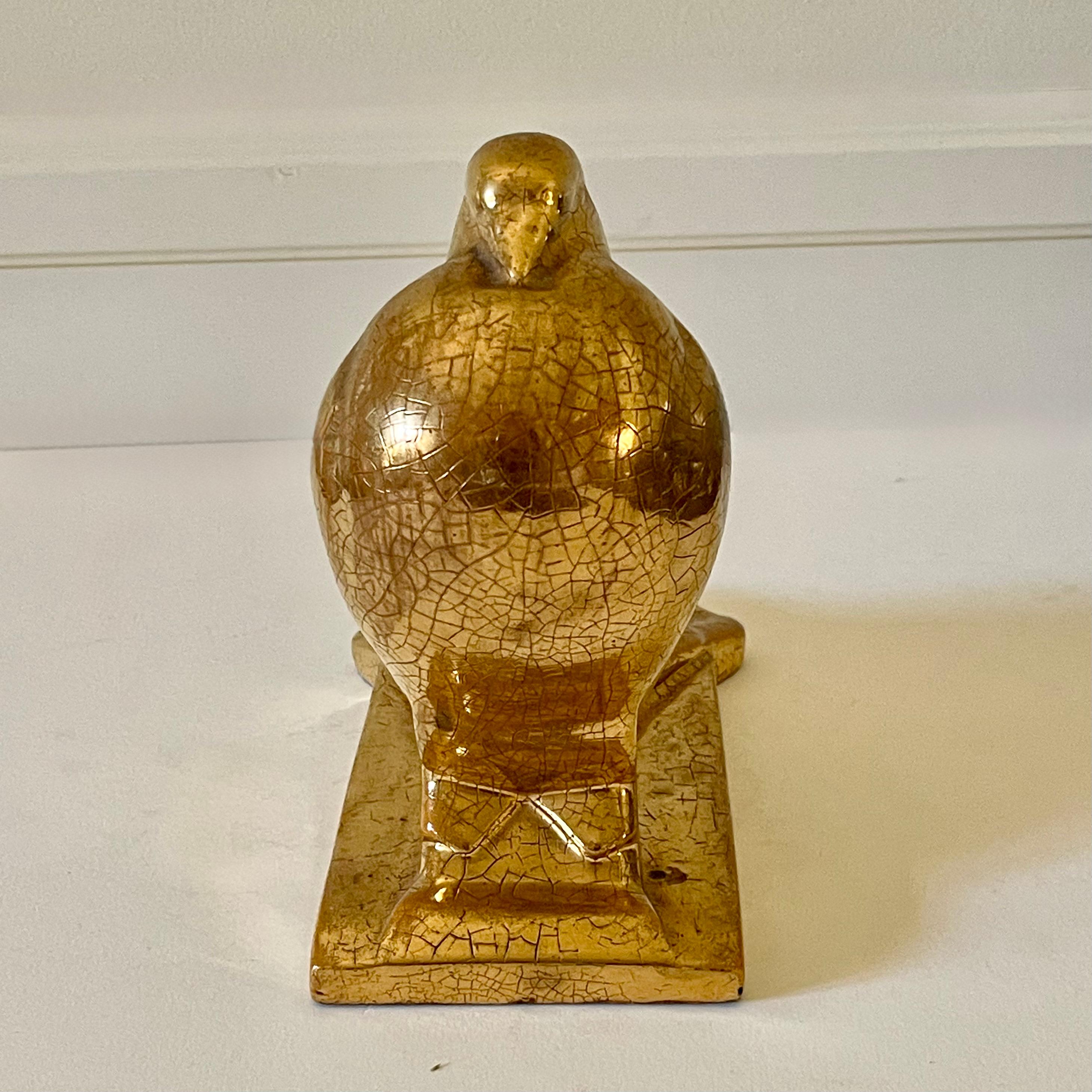 Auguste Heng (1891-1968) Art Deco Ceramic Gold Peacock Pigeon For Sale 1