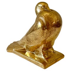 Auguste Heng (1891-1968) Art Deco Ceramic Gold Peacock Pigeon