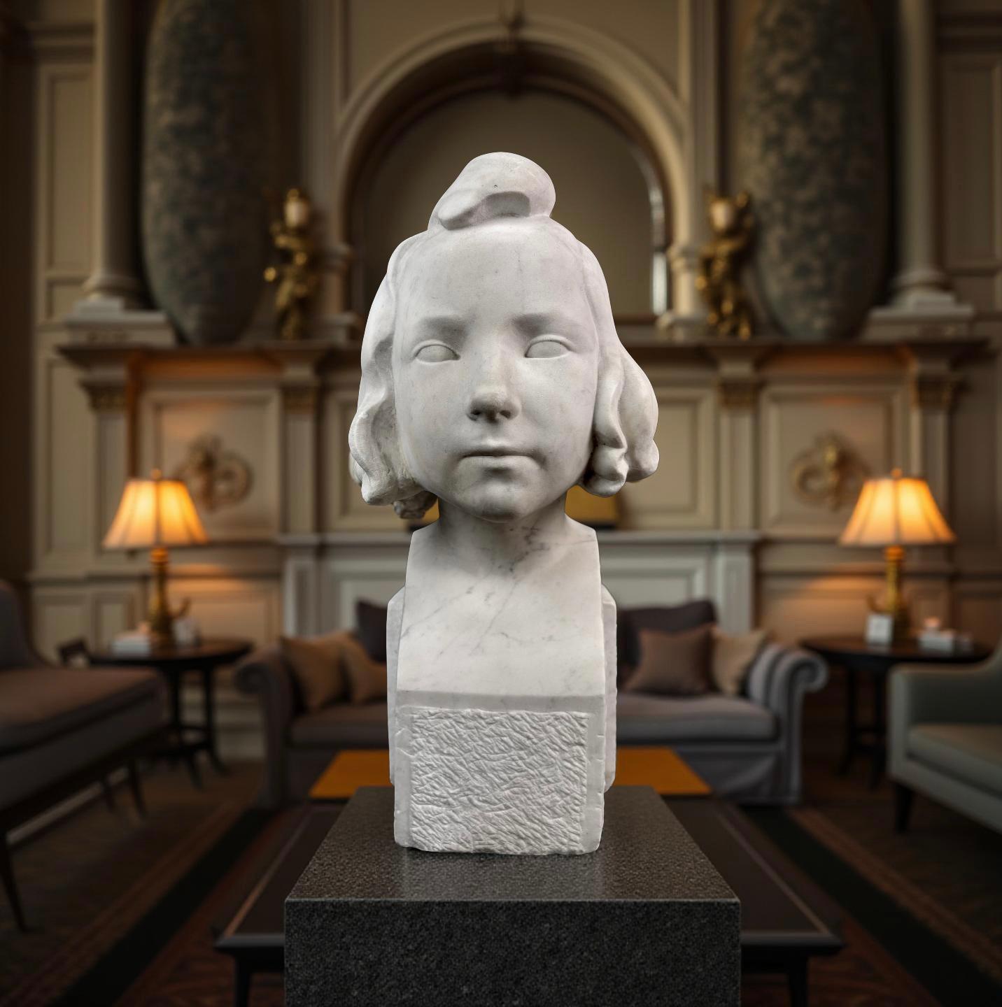 Büste eines Mädchens in weißem Marmor Signiert Französisch Art Deco Schule (Black), Figurative Sculpture, von Auguste Heng