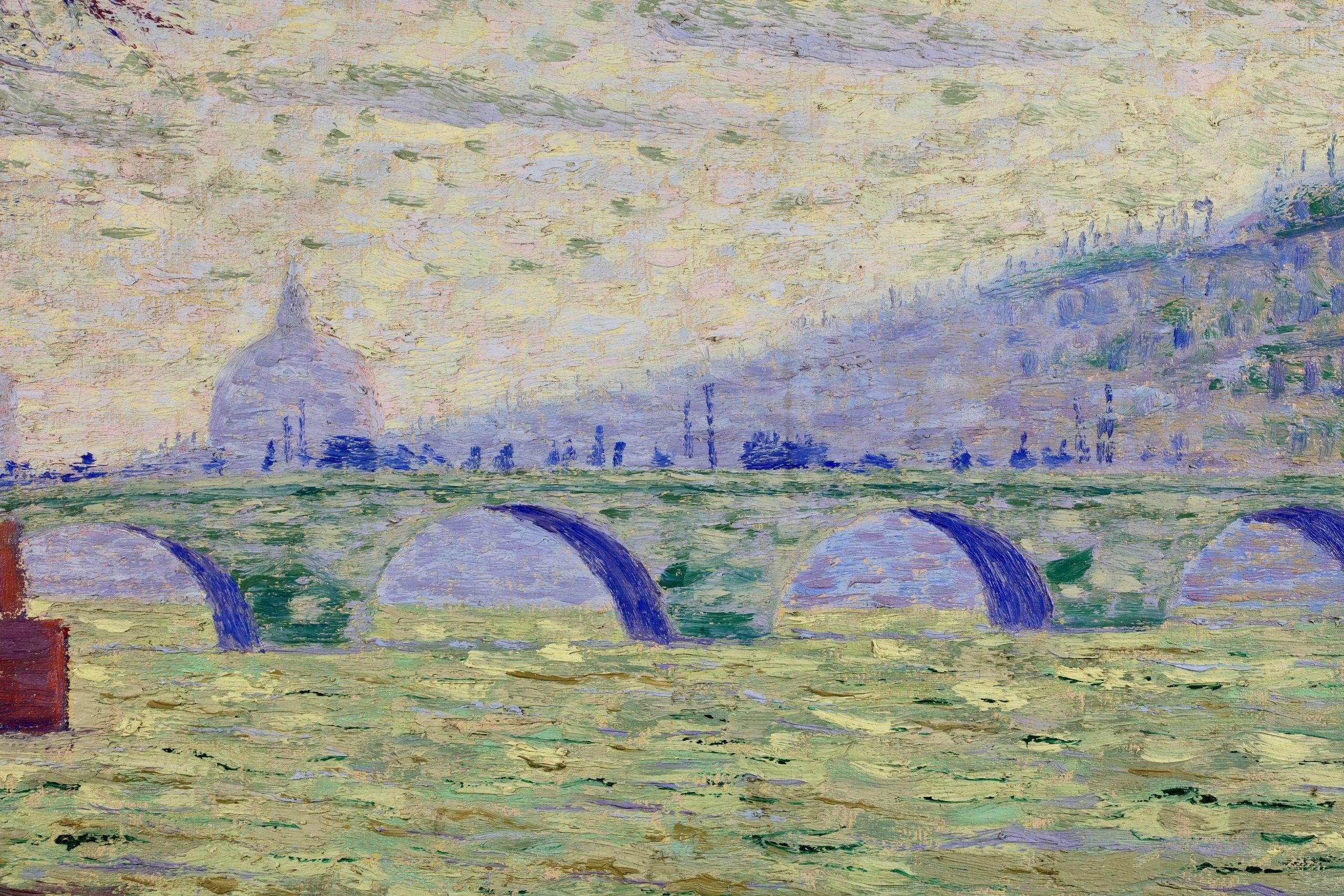 Signed impressionist oil on canvas riverscape by French modern painter Auguste Herbin. The work depicts a view of the Pont Royal bridge over the River Seine in Paris. The shadowy figures of citygoers are dotted across the bridge and a barge is