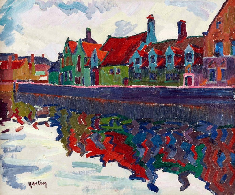 Maisons au Quai Vert, Bruges by Auguste Herbin (1882-1960)
Oil on canvas
53 x 64 cm (20 ⁷/₈ x 25 ¹/₄ inches)
Signed lower left, Herbin
Executed in 1906

Executed in 1906, as part of a notable Herbin series,  Maisons au Quai Vert, Bruges depicts the