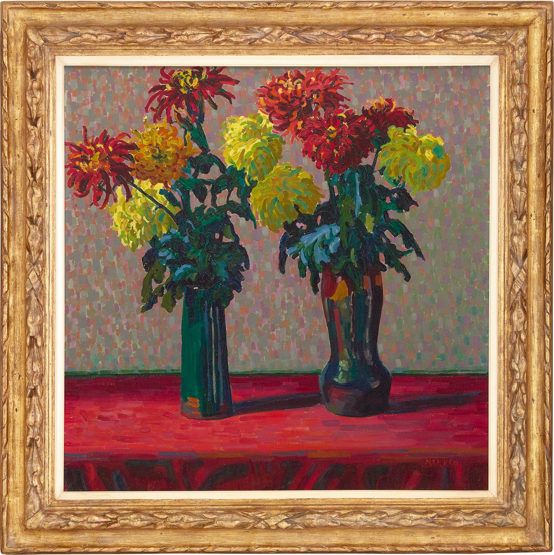 Auguste Herbin
1882-1960  French

Vases aux chrysanthèmes

Signed 'Herbin' (lower right)
Oil on canvas

This bold and vivid still life was composed by French painter Auguste Herbin, a pioneer in popularizing Modernist abstraction. Over his expansive