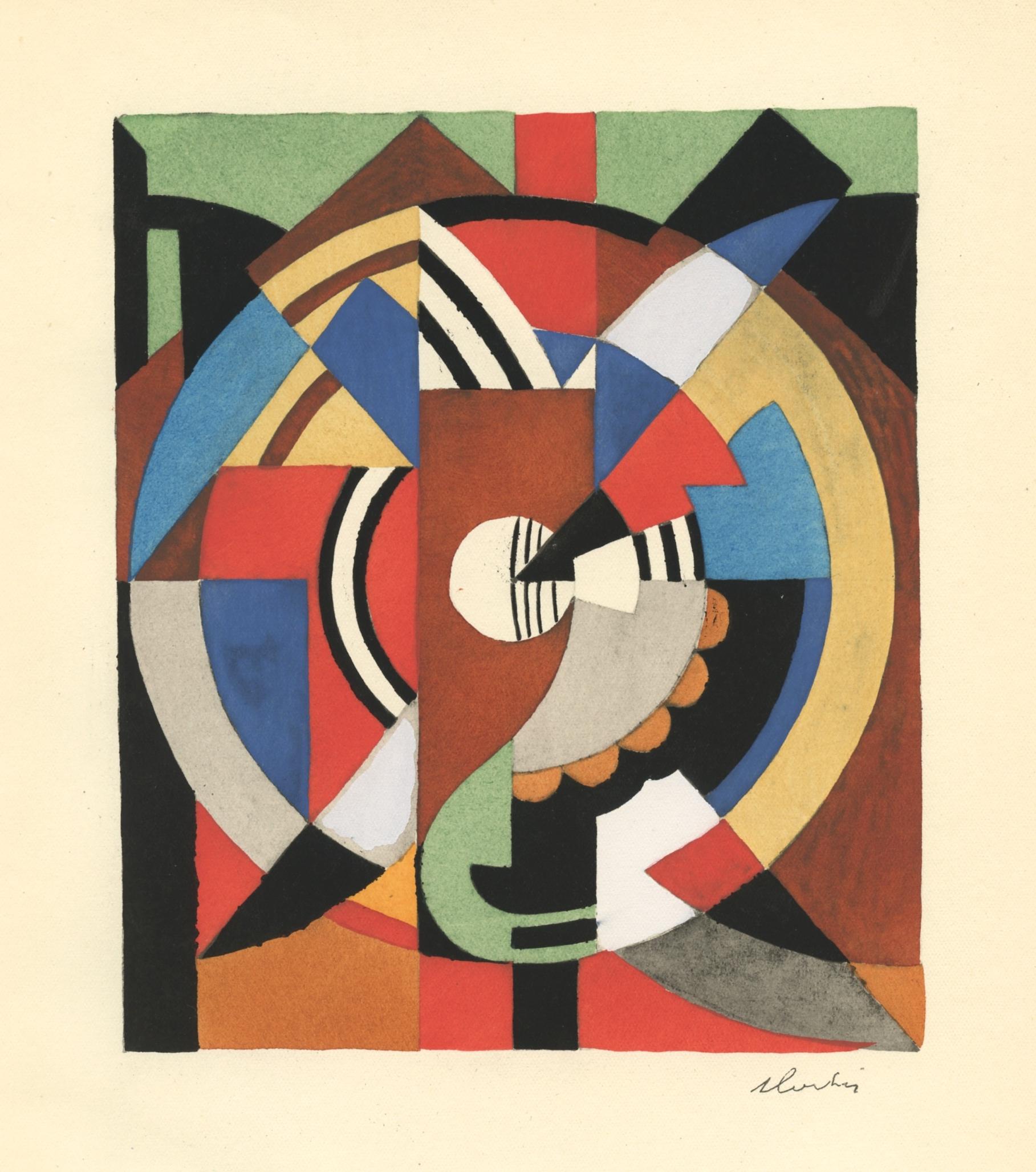 Medium: pochoir (after the watercolor). Printed in Paris in 1929 at the atelier of Daniel Jacomet for L'Art Cubiste. Image size: 6 7/8 x 5 7/8 inches (173 x 150 mm). A text inscription beneath the image identifies the artist. Signed in the plate